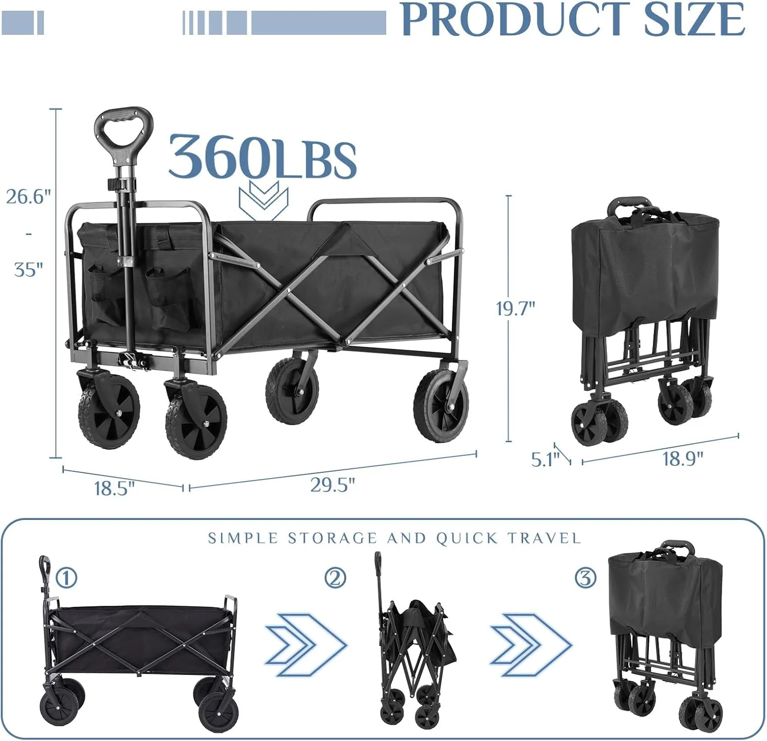 DUMOS Foldable Wagons Carts with All-Terrain Wheels, 120L & 360LBS Portable Garden Wagon Large Capacity Utility Cart with Drink Holders, Heavy Duty Collapsible for Sand, Beach, Gardening (30IN Black)