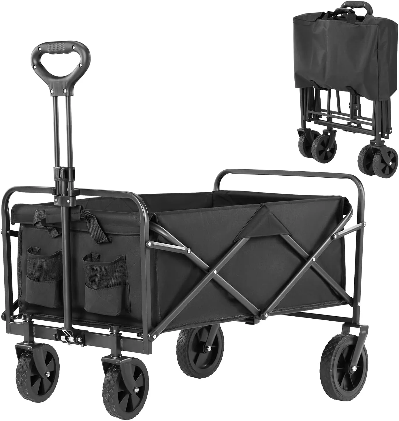DUMOS Foldable Wagons Carts with All-Terrain Wheels, 120L & 360LBS Portable Garden Wagon Large Capacity Utility Cart with Drink Holders, Heavy Duty Collapsible for Sand, Beach, Gardening (30IN Black)