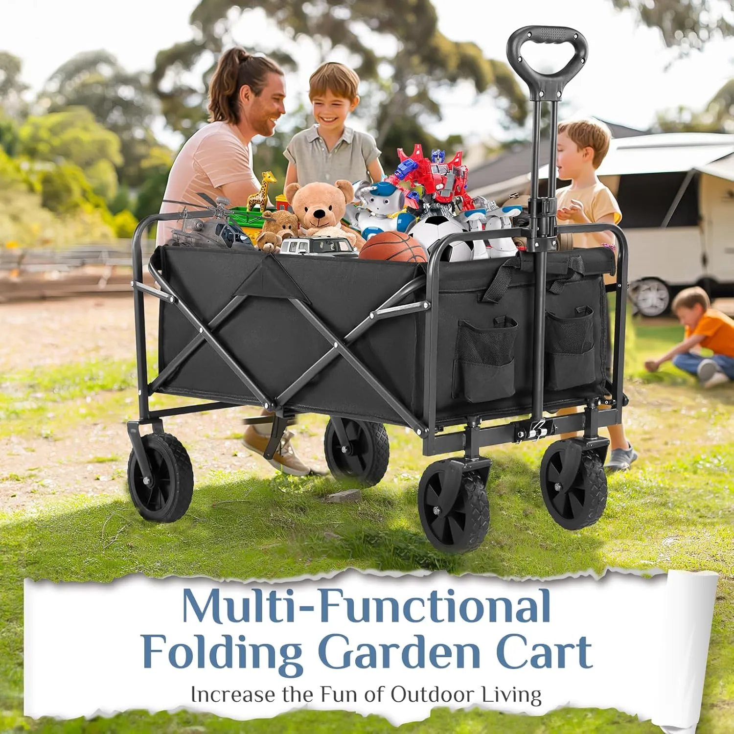DUMOS Foldable Wagons Carts with All-Terrain Wheels, 120L & 360LBS Portable Garden Wagon Large Capacity Utility Cart with Drink Holders, Heavy Duty Collapsible for Sand, Beach, Gardening (30IN Black)
