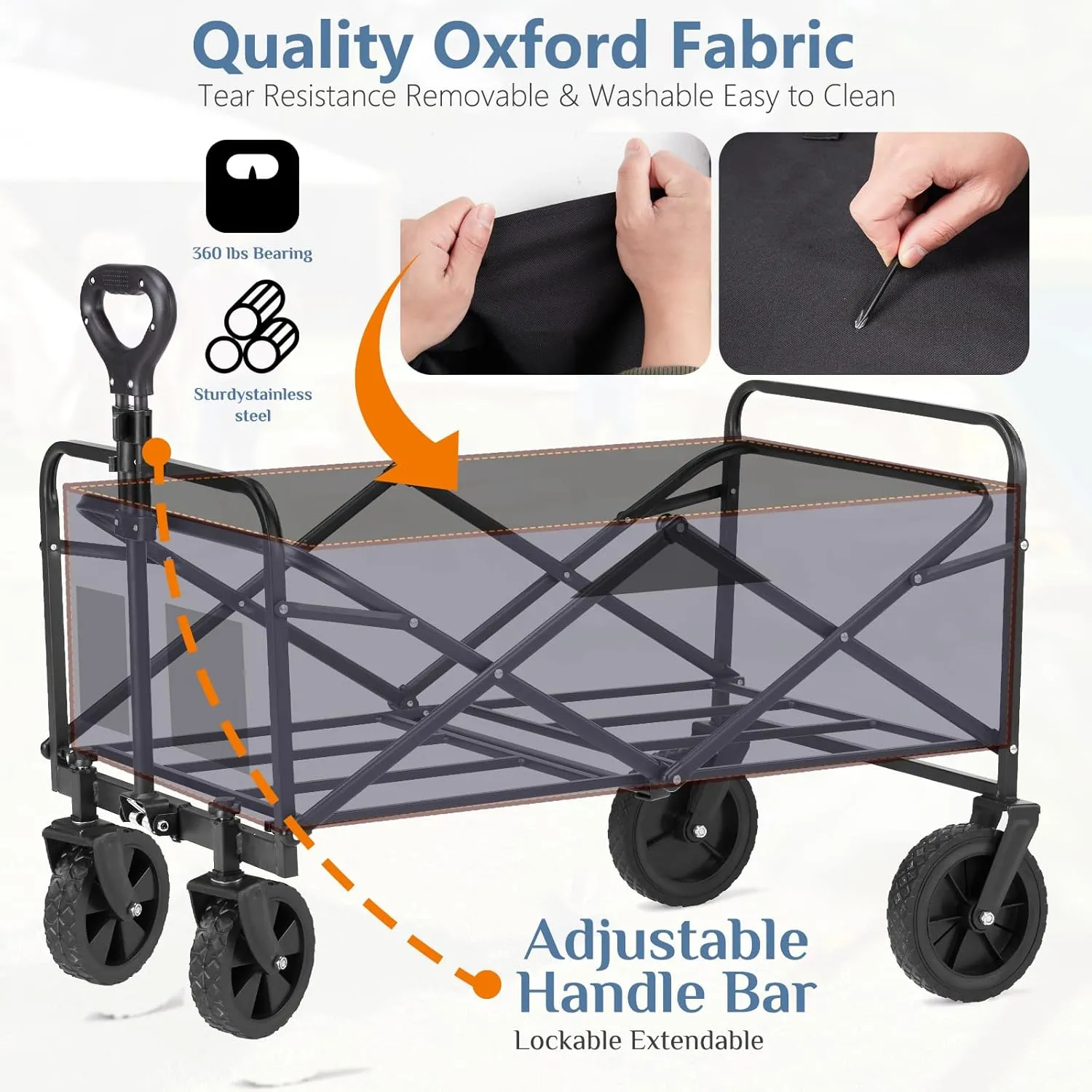 DUMOS Foldable Wagons Carts with All-Terrain Wheels, 120L & 360LBS Portable Garden Wagon Large Capacity Utility Cart with Drink Holders, Heavy Duty Collapsible for Sand, Beach, Gardening (Large Black)