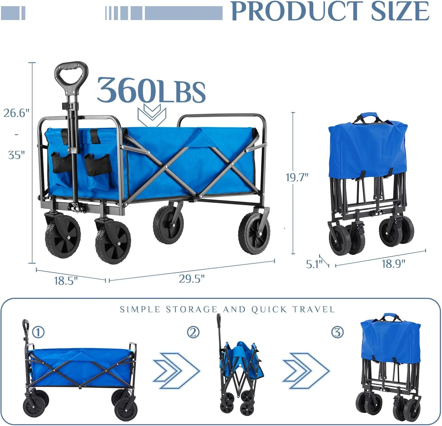 DUMOS Foldable Wagons Carts with All-Terrain Wheels, 120L & 360LBS Portable Shopping Wagon Large Capacity Utility Cart with Drink Holders, Heavy Duty Collapsible for Sand, Beach, Gardening (30IN Blue)