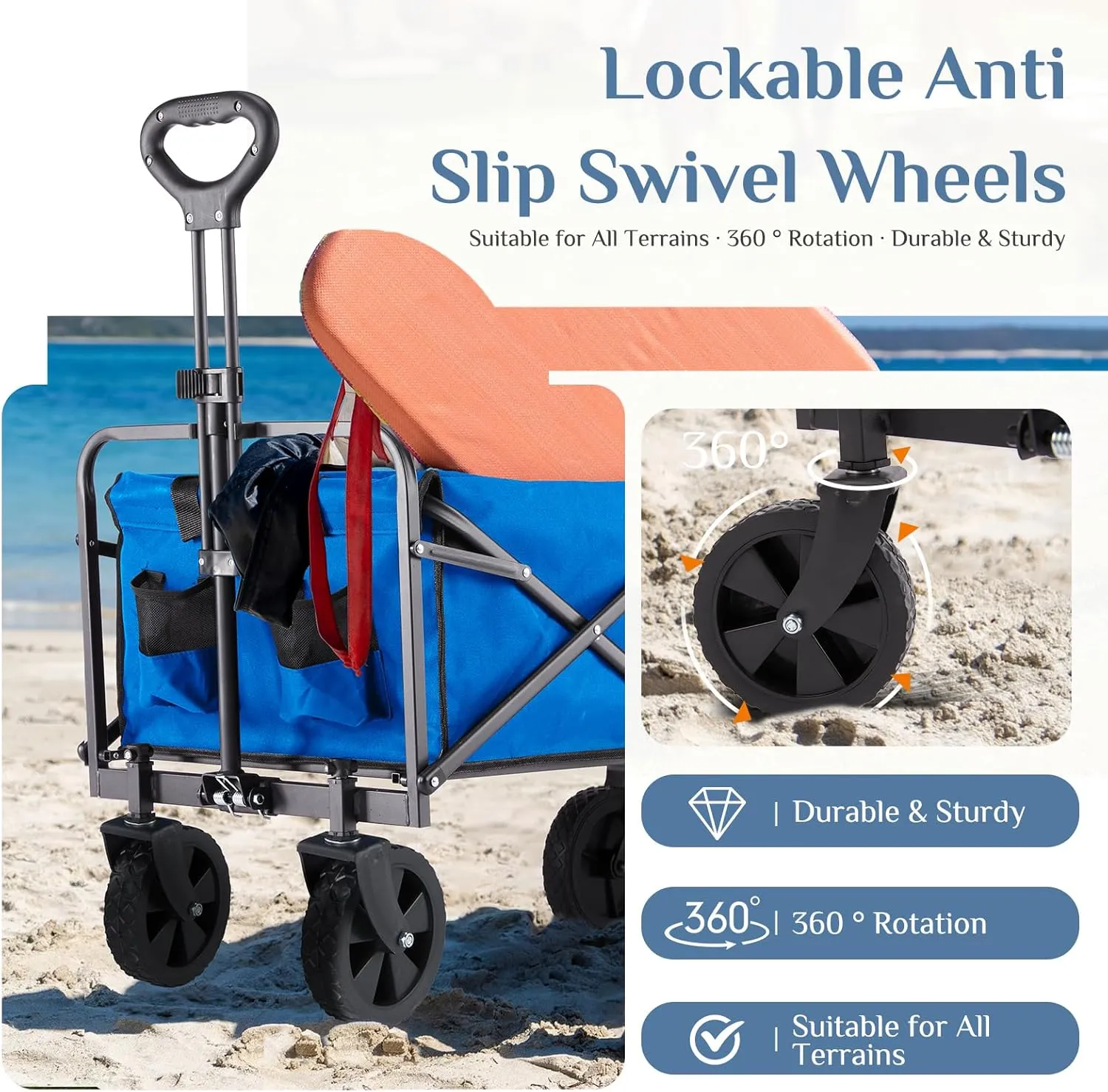 DUMOS Foldable Wagons Carts with All-Terrain Wheels, 120L & 360LBS Portable Shopping Wagon Large Capacity Utility Cart with Drink Holders, Heavy Duty Collapsible for Sand, Beach, Gardening (30IN Blue)