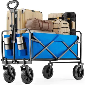 DUMOS Foldable Wagons Carts with All-Terrain Wheels, 120L & 360LBS Portable Shopping Wagon Large Capacity Utility Cart with Drink Holders, Heavy Duty Collapsible for Sand, Beach, Gardening (30IN Blue)