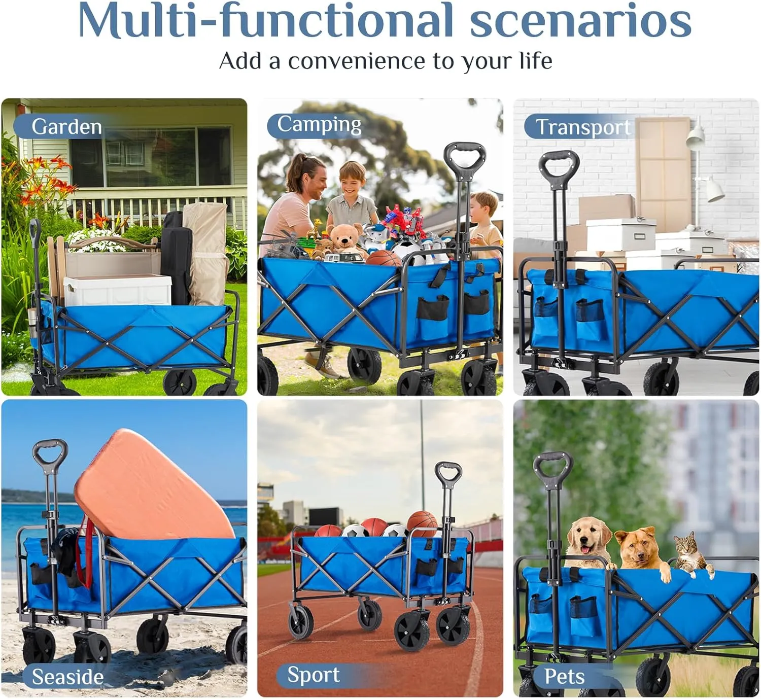 DUMOS Foldable Wagons Carts with All-Terrain Wheels, 120L & 360LBS Portable Shopping Wagon Large Capacity Utility Cart with Drink Holders, Heavy Duty Collapsible for Sand, Beach, Gardening (30IN Blue)