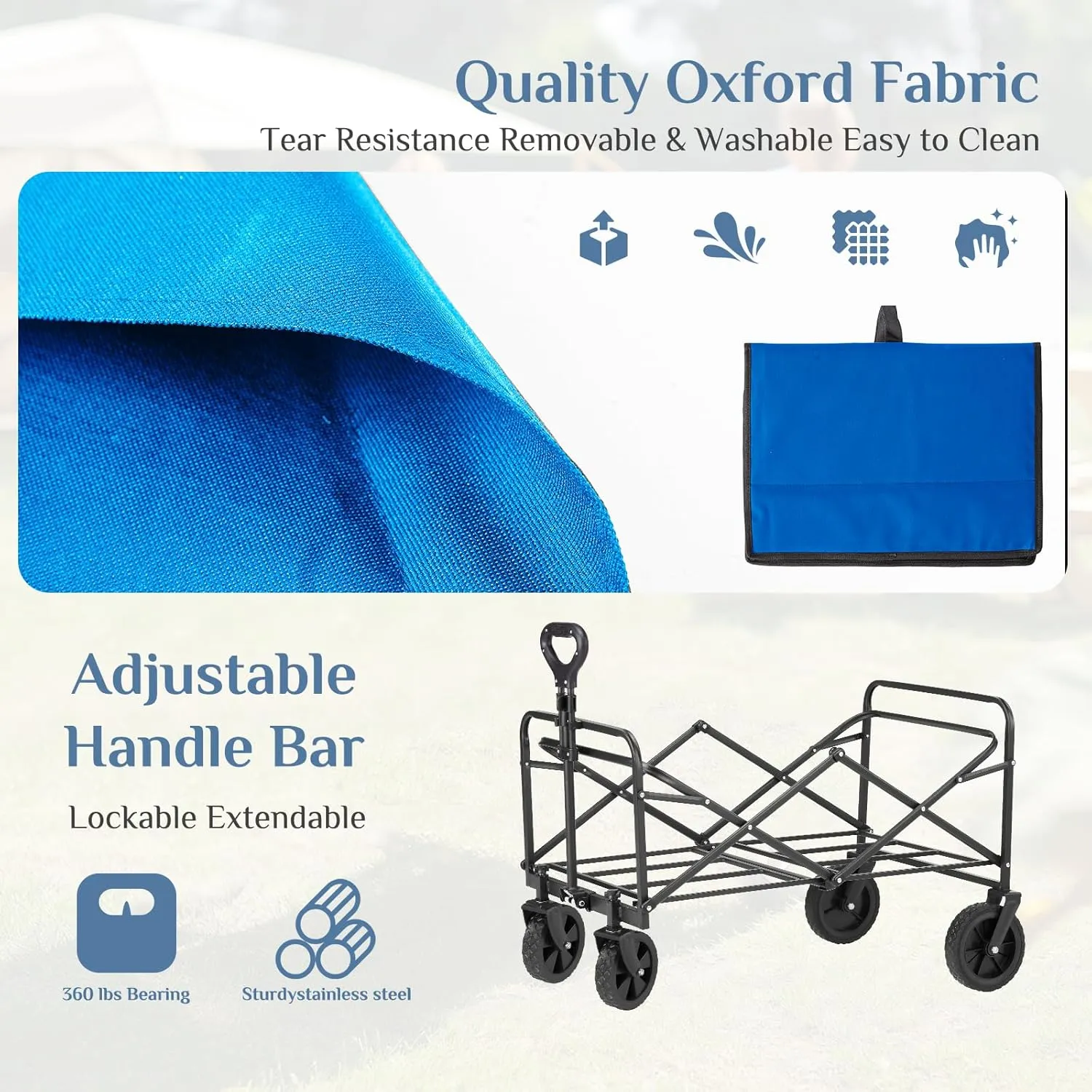 DUMOS Foldable Wagons Carts with All-Terrain Wheels, 120L & 360LBS Portable Shopping Wagon Large Capacity Utility Cart with Drink Holders, Heavy Duty Collapsible for Sand, Beach, Gardening(Large Blue)