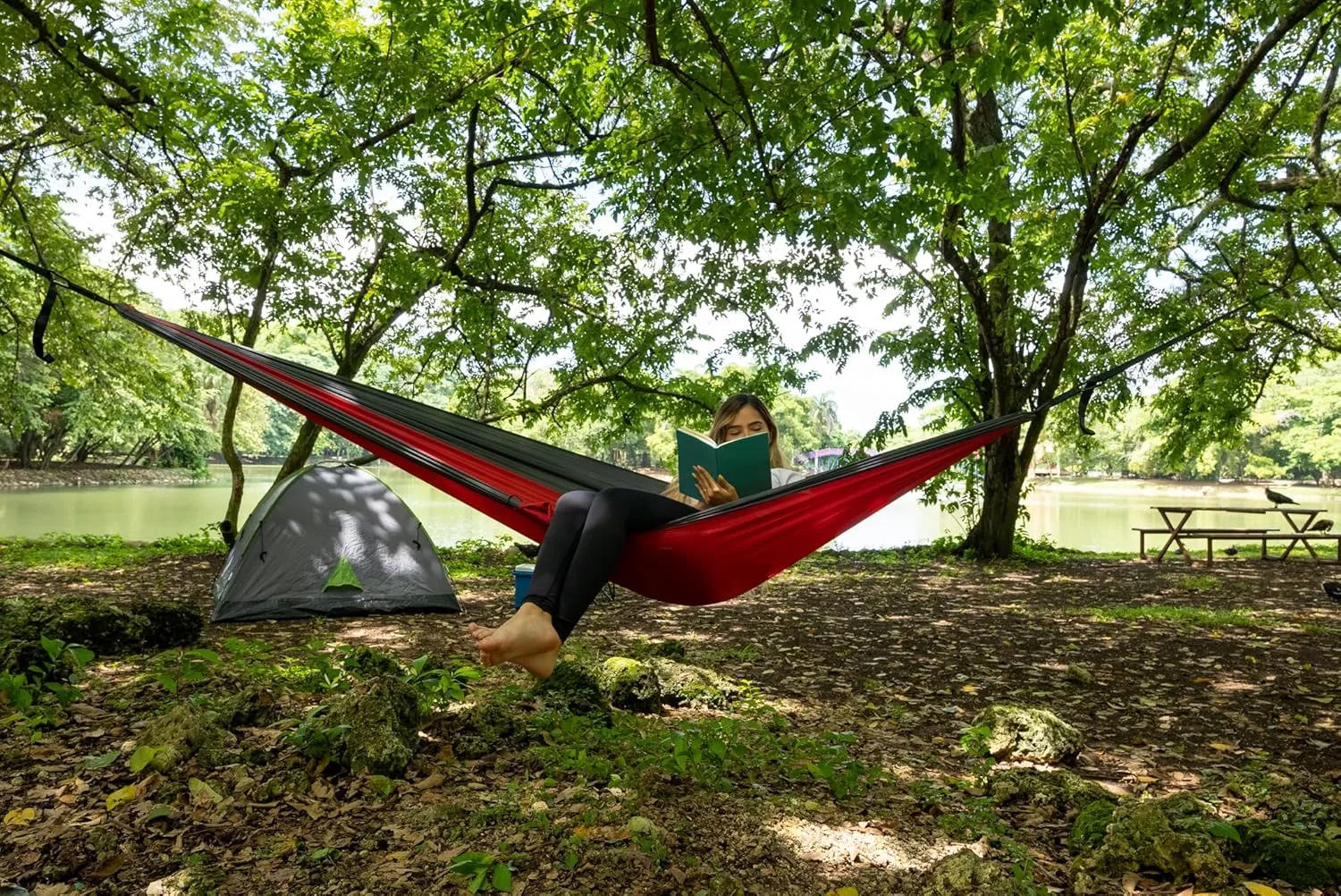 Durable Hammock 400 lb Capacity, Nylon Camping Hammock Chair - Double or Single Sizes w/Tree Straps and Attached Carry Bag - Portable for Travel/Backpacking/Beach/Backyard (Medium, Fuchsia & Sky Blue)