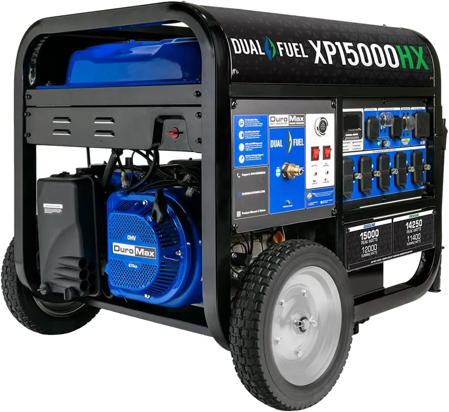 DuroMax XP15000HX 15,000-Watt Dual Fuel Portable Generator - Gas & Propane, Remote Electric Start, Whole Home Power Backup, Transfer Switch Ready, RV & Emergency Ready