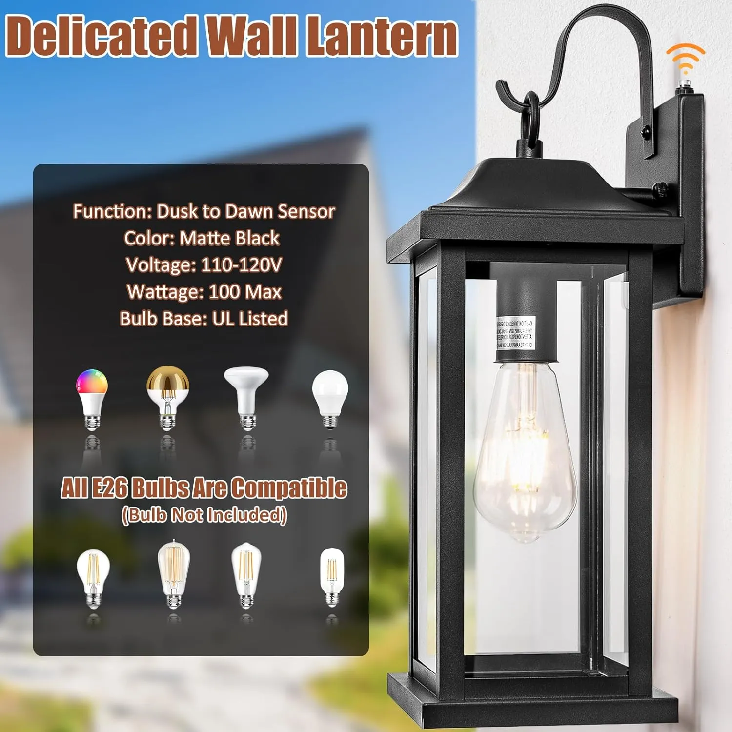 Dusk to Dawn Large Outdoor Wall Light 17 Inch, Exterior Light Fixture Porch Light with Tempered Clear Glass, IP65 Waterproof Anti-Rust Outside Wall Sconce Matte Black Wall Lantern, 1-Pack