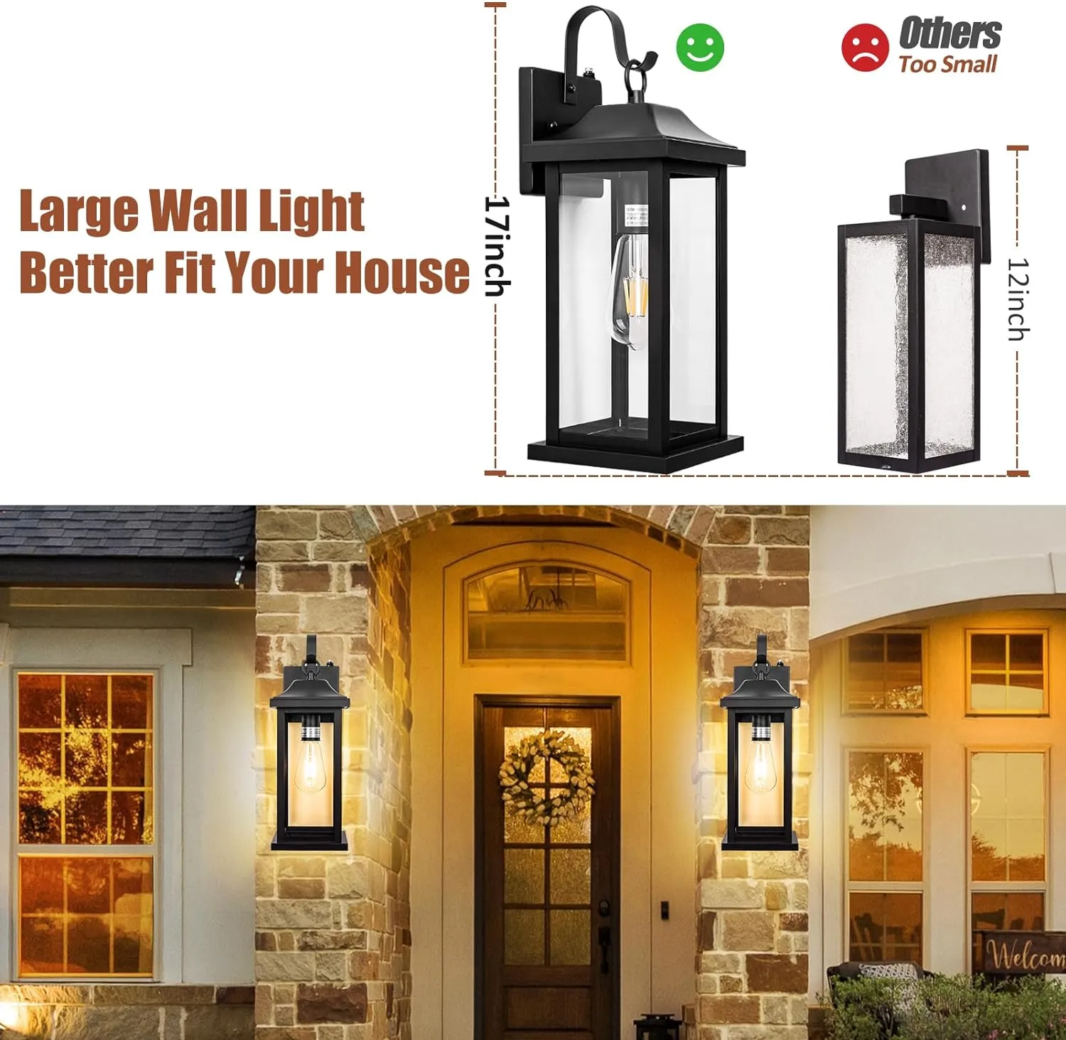 Dusk to Dawn Large Outdoor Wall Light 17 Inch, Exterior Light Fixture Porch Light with Tempered Clear Glass, IP65 Waterproof Anti-Rust Outside Wall Sconce Matte Black Wall Lantern, 1-Pack