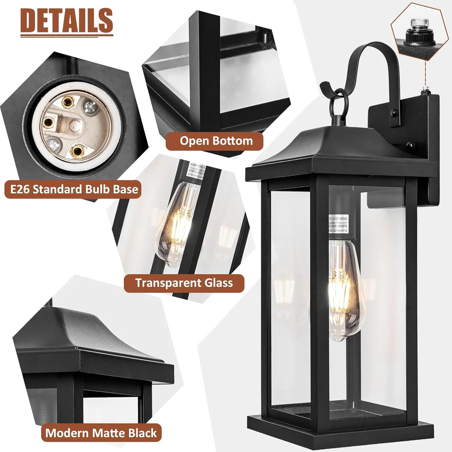 Dusk to Dawn Large Outdoor Wall Light 17 Inch, Exterior Light Fixture Porch Light with Tempered Clear Glass, IP65 Waterproof Anti-Rust Outside Wall Sconce Matte Black Wall Lantern, 1-Pack