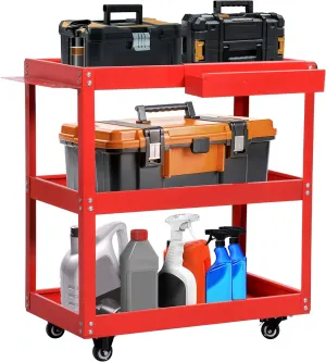 DWVO 3-Tier Rolling Tool Cart, 550lbs Capacity Utility Cart on Wheels, Durable Metal Construction with Screwdriver Board & Storage Box, Ideal for Garage, Warehouse Mechanic Work, Red