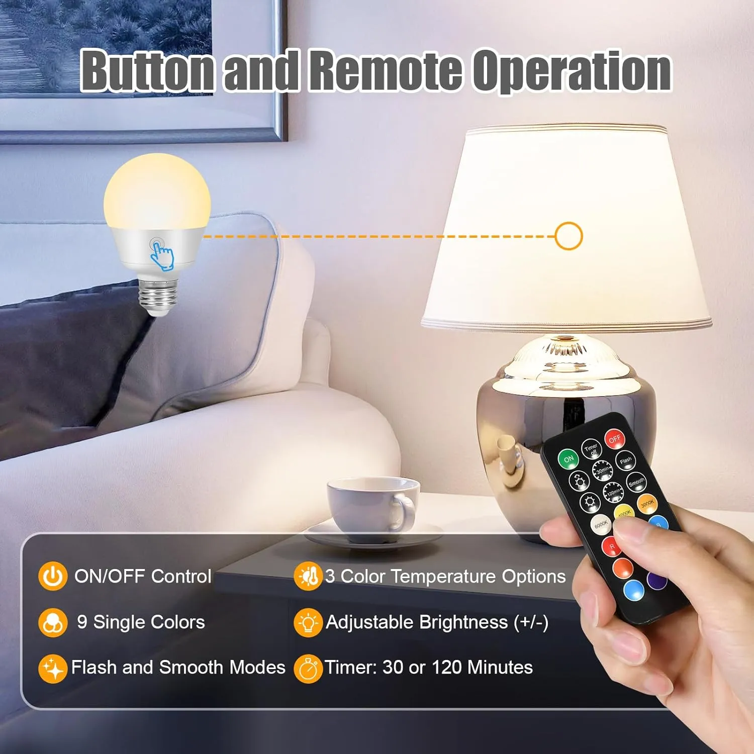 E26 Battery-Operated Rechargeable Light Bulbs with Remote and Timer for Lamps, Sconces, and Non-Hardwired Fixture, 3 Color Temperatures   9 RGB Colors, Detachable Charging – 2 Pack