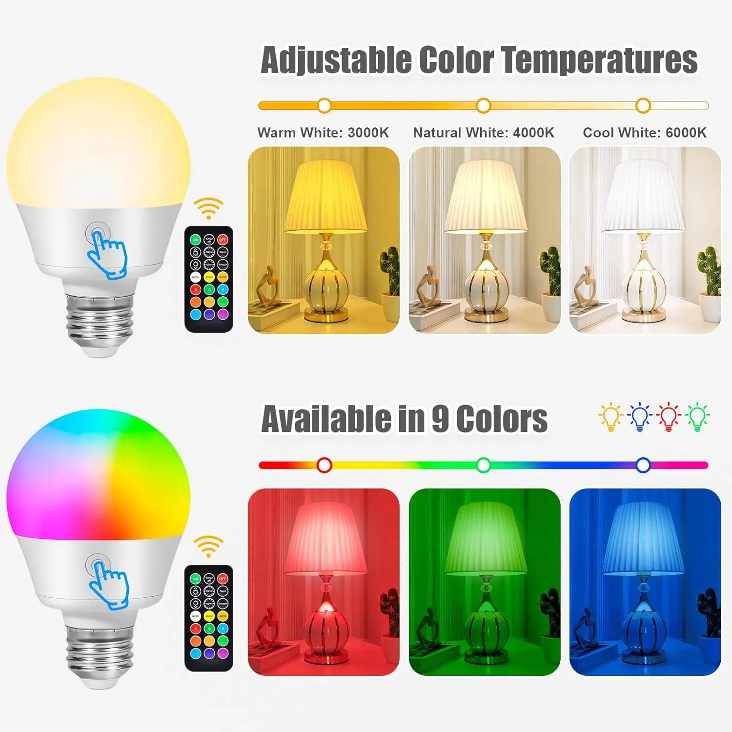 E26 Battery-Operated Rechargeable Light Bulbs with Remote and Timer for Lamps, Sconces, and Non-Hardwired Fixture, 3 Color Temperatures   9 RGB Colors, Detachable Charging – 2 Pack