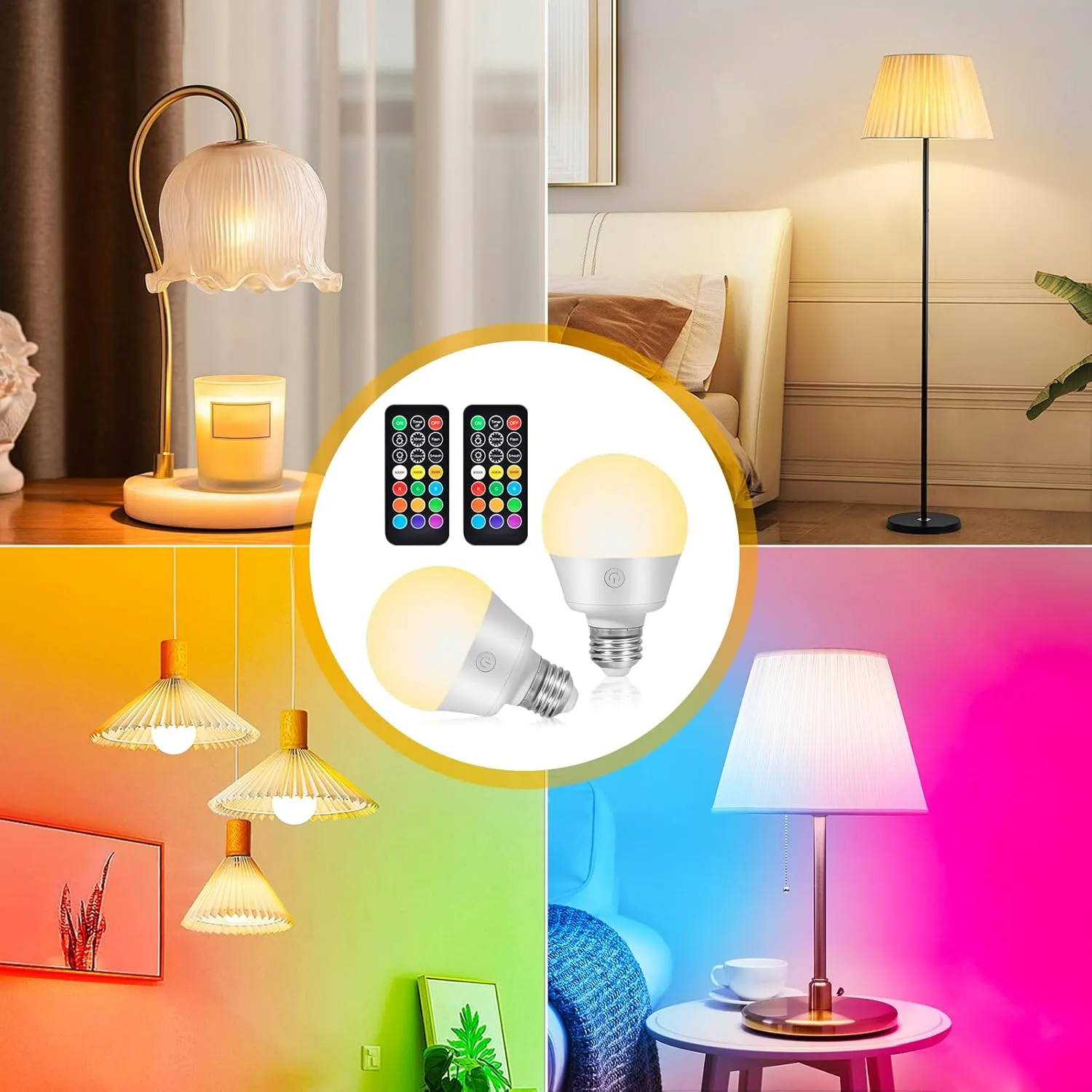 E26 Battery-Operated Rechargeable Light Bulbs with Remote and Timer for Lamps, Sconces, and Non-Hardwired Fixture, 3 Color Temperatures   9 RGB Colors, Detachable Charging – 2 Pack