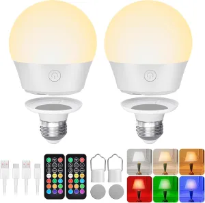 E26 Battery-Operated Rechargeable Light Bulbs with Remote and Timer for Lamps, Sconces, and Non-Hardwired Fixture, 3 Color Temperatures   9 RGB Colors, Detachable Charging – 2 Pack