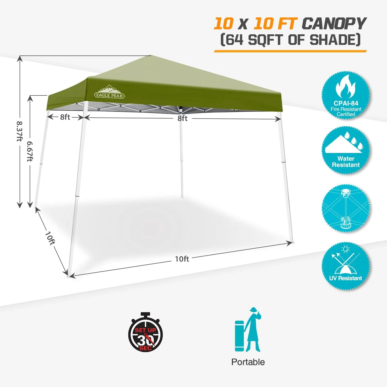 EAGLE PEAK 10x10 Slant Leg Pop-up Canopy Tent Easy One Person Setup Instant Outdoor Beach Canopy Folding Portable Sports Shelter 10x10 Base 8x8 Top (Grass Green)
