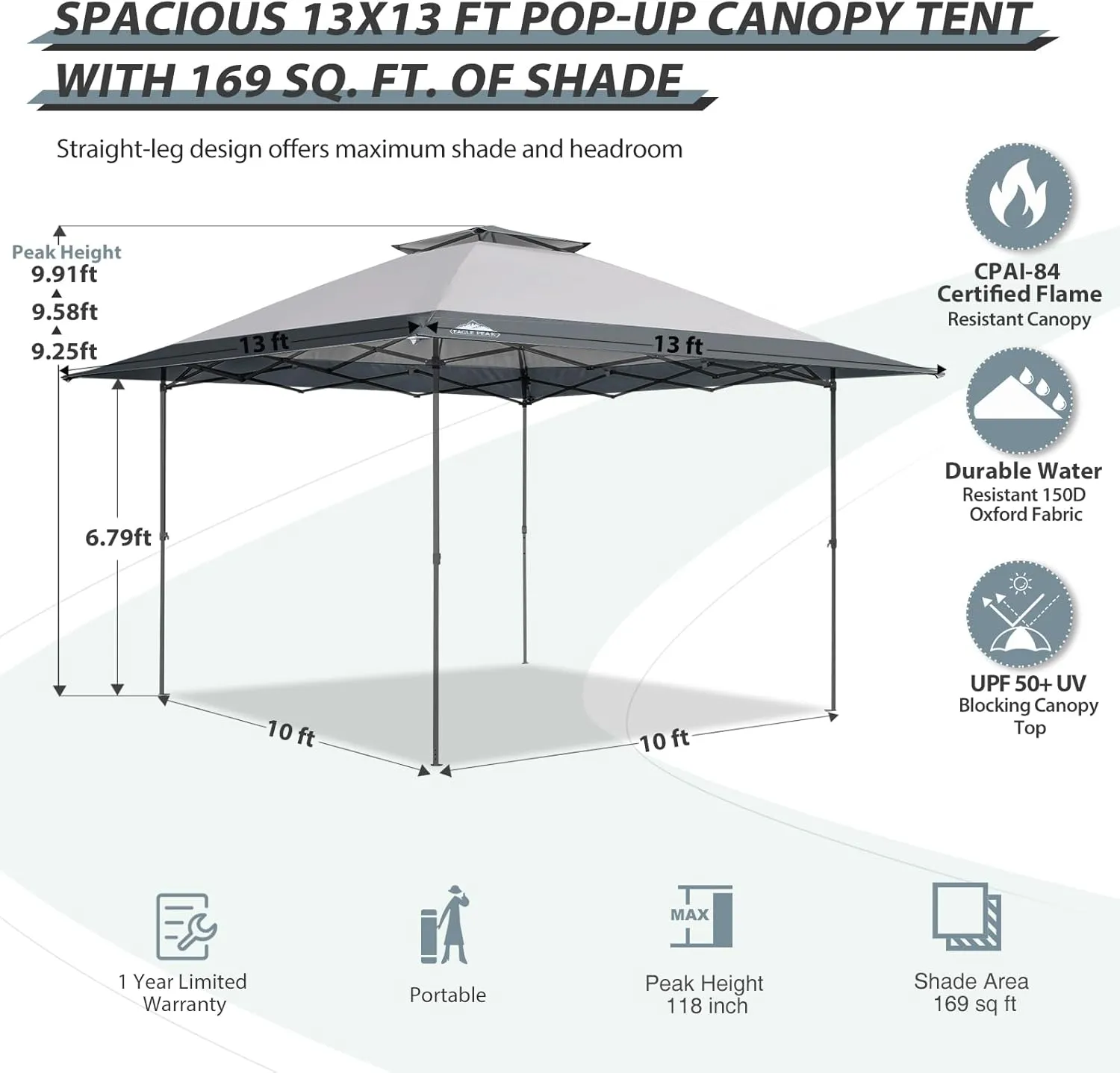 EAGLE PEAK 13x13 Straight Leg Pop Up Canopy Tent Instant Outdoor Canopy Easy Single Person Set up Folding Shelter w/Auto Extending Eaves 169 Square Feet of Shade (Light Gray)