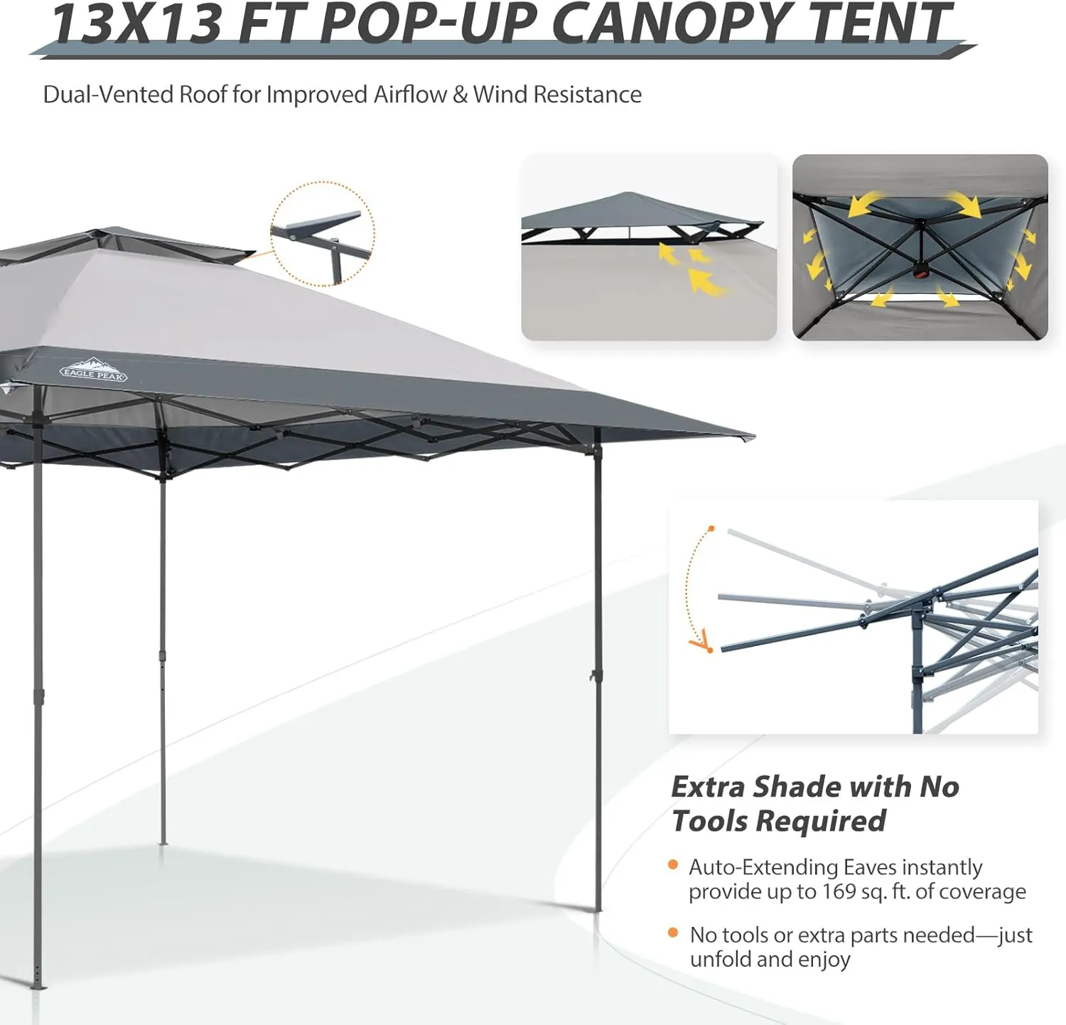 EAGLE PEAK 13x13 Straight Leg Pop Up Canopy Tent Instant Outdoor Canopy Easy Single Person Set up Folding Shelter w/Auto Extending Eaves 169 Square Feet of Shade (Light Gray)
