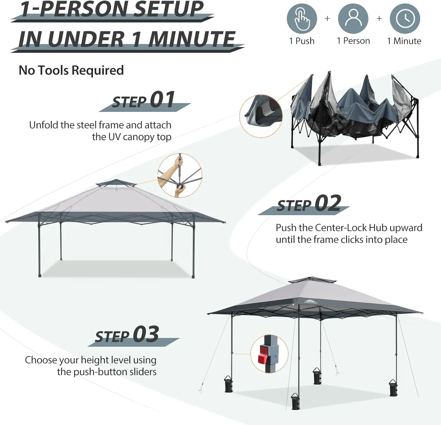 EAGLE PEAK 13x13 Straight Leg Pop Up Canopy Tent Instant Outdoor Canopy Easy Single Person Set up Folding Shelter w/Auto Extending Eaves 169 Square Feet of Shade (Light Gray)