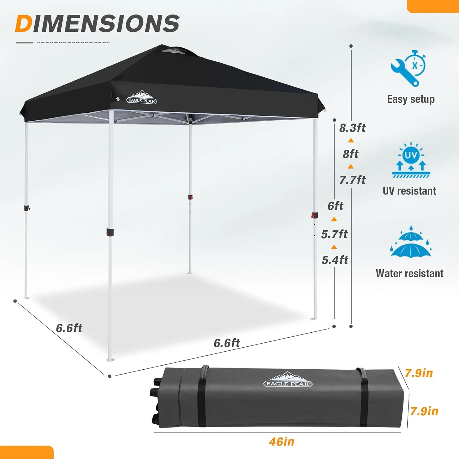 EAGLE PEAK 6.6x6.6 Pop Up Canopy Tent Instant Outdoor Canopy Easy Set Up Straight Leg Folding Shelter with Wheeled Bag, 8 Stakes and 4 Ropes, Black