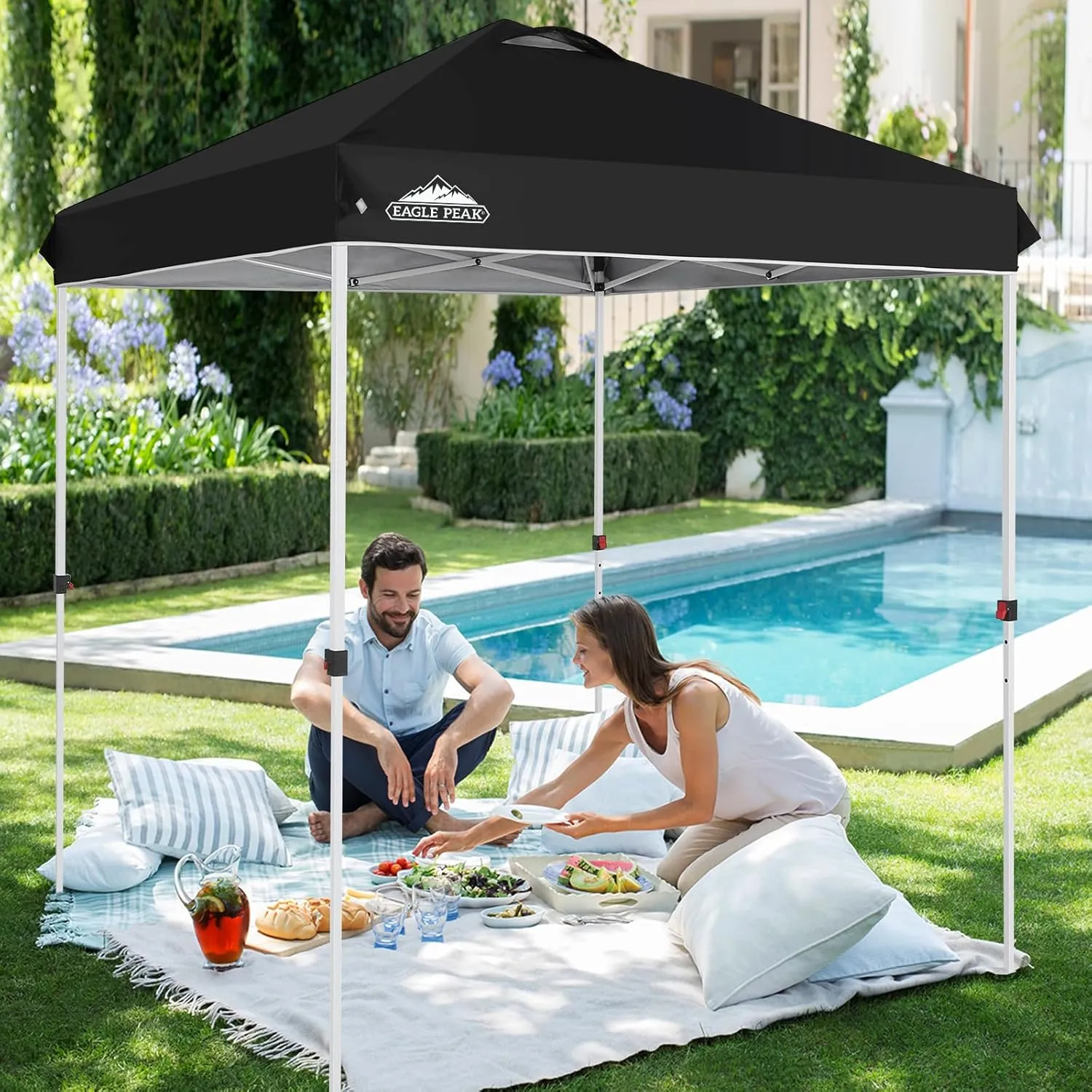 EAGLE PEAK 6.6x6.6 Pop Up Canopy Tent Instant Outdoor Canopy Easy Set Up Straight Leg Folding Shelter with Wheeled Bag, 8 Stakes and 4 Ropes, Black