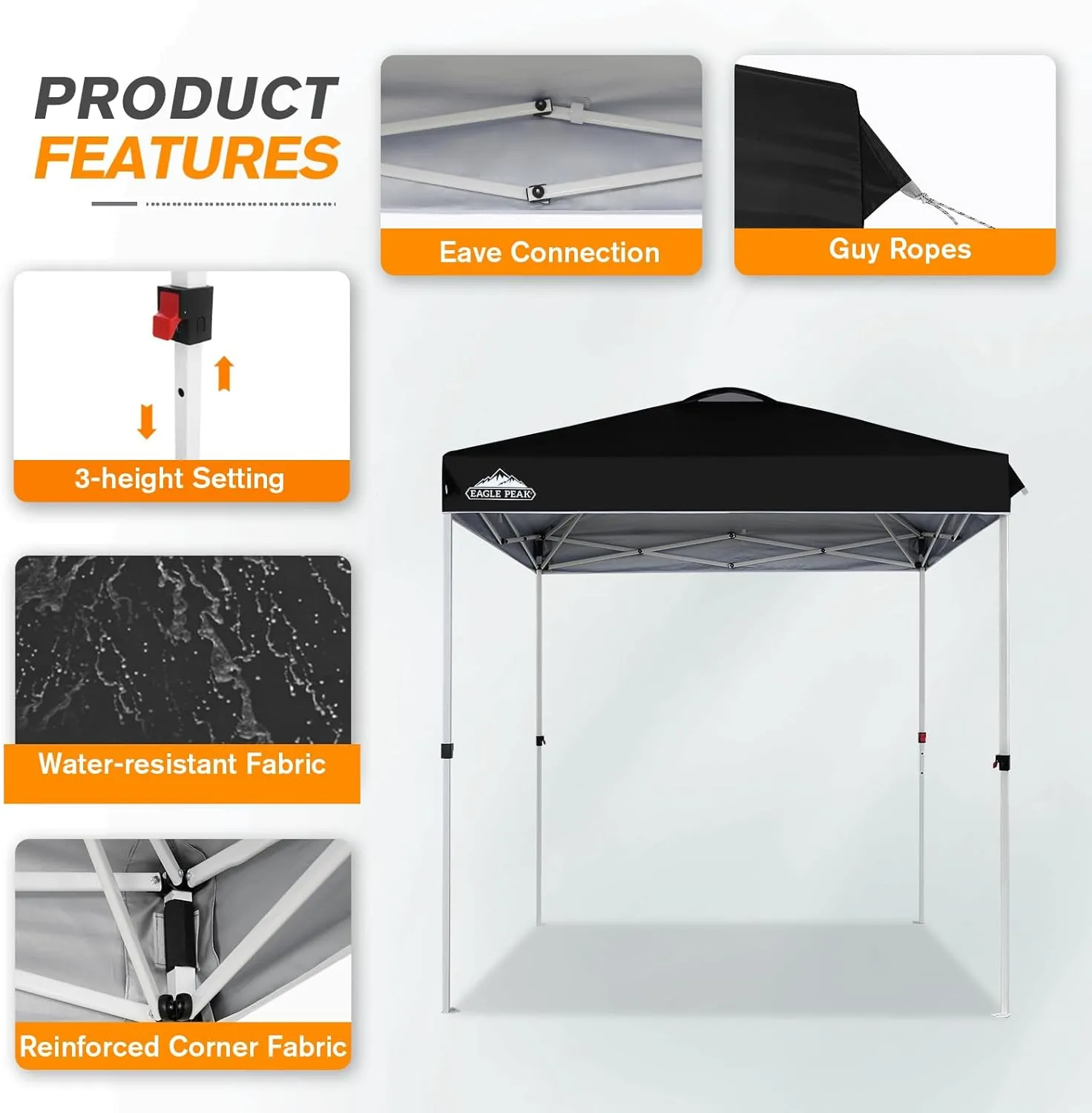 EAGLE PEAK 6.6x6.6 Pop Up Canopy Tent Instant Outdoor Canopy Easy Set Up Straight Leg Folding Shelter with Wheeled Bag, 8 Stakes and 4 Ropes, Black