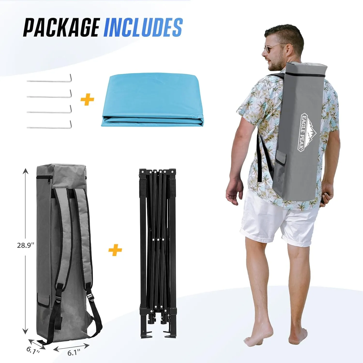 EAGLE PEAK 8x8 Pop Up Canopy Tent with Sidewall, Compact, Portable Slant Leg Instant Sun Shelter for Beach, Sports, & Camping, 8x8 Base 6x6 Top, Light Blue