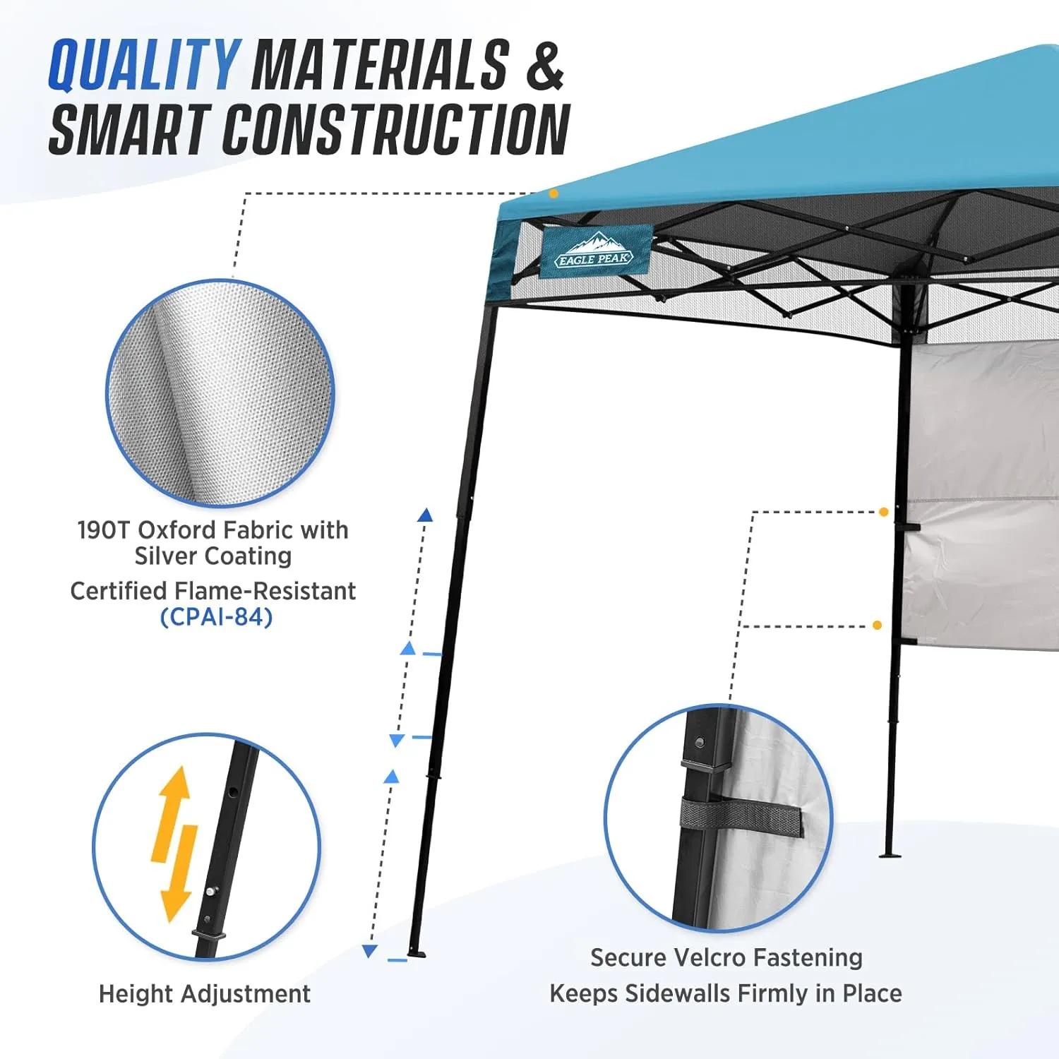 EAGLE PEAK 8x8 Pop Up Canopy Tent with Sidewall, Compact, Portable Slant Leg Instant Sun Shelter for Beach, Sports, & Camping, 8x8 Base 6x6 Top, Light Blue