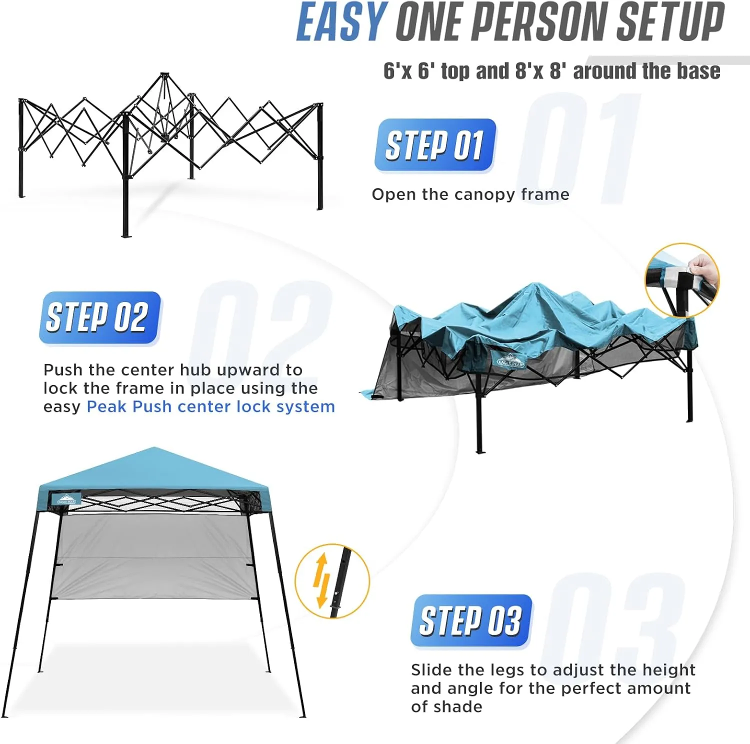 EAGLE PEAK 8x8 Pop Up Canopy Tent with Sidewall, Compact, Portable Slant Leg Instant Sun Shelter for Beach, Sports, & Camping, 8x8 Base 6x6 Top, Light Blue