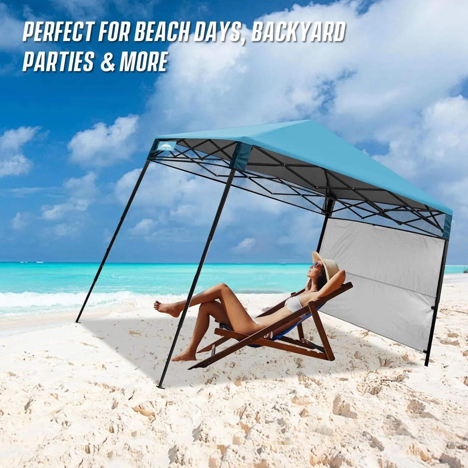 EAGLE PEAK 8x8 Pop Up Canopy Tent with Sidewall, Compact, Portable Slant Leg Instant Sun Shelter for Beach, Sports, & Camping, 8x8 Base 6x6 Top, Light Blue