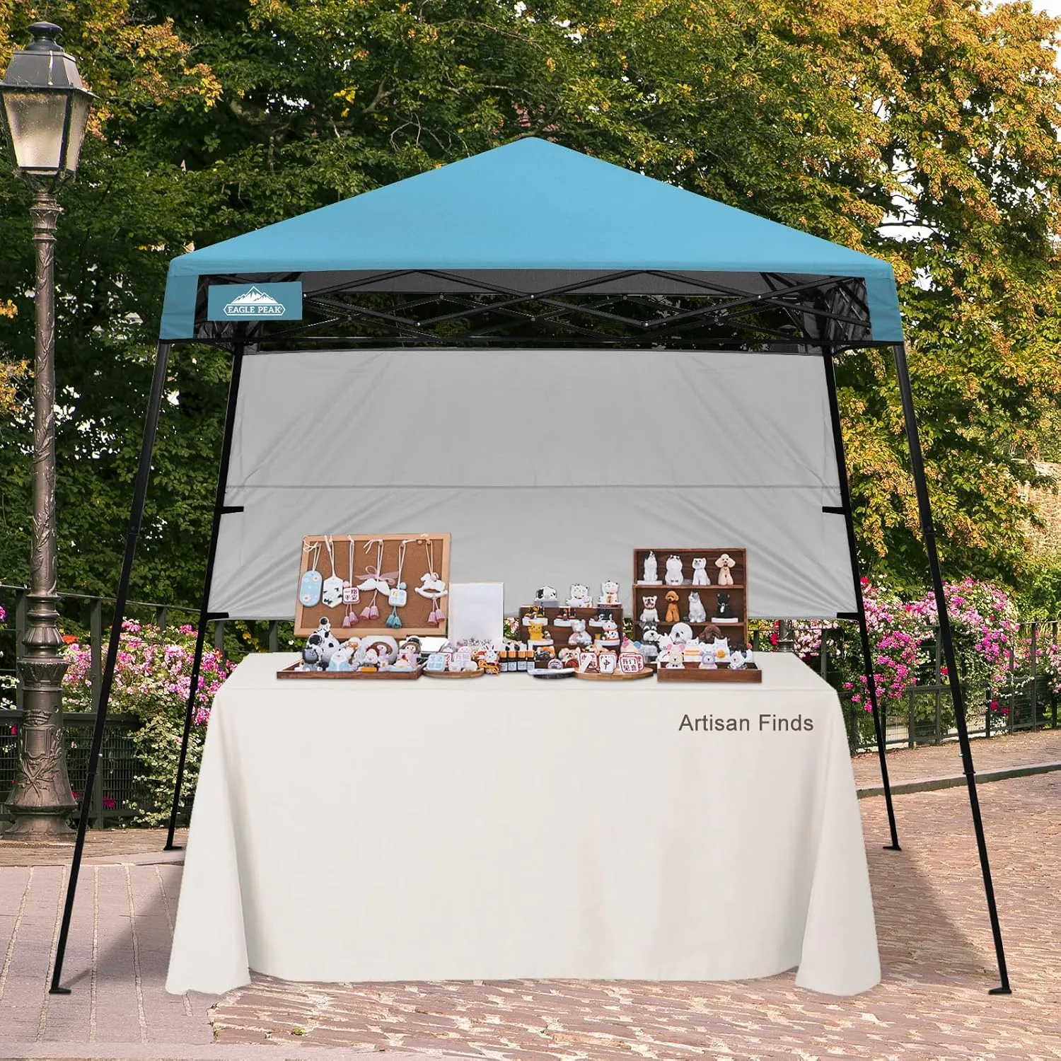 EAGLE PEAK 8x8 Pop Up Canopy Tent with Sidewall, Compact, Portable Slant Leg Instant Sun Shelter for Beach, Sports, & Camping, 8x8 Base 6x6 Top, Light Blue