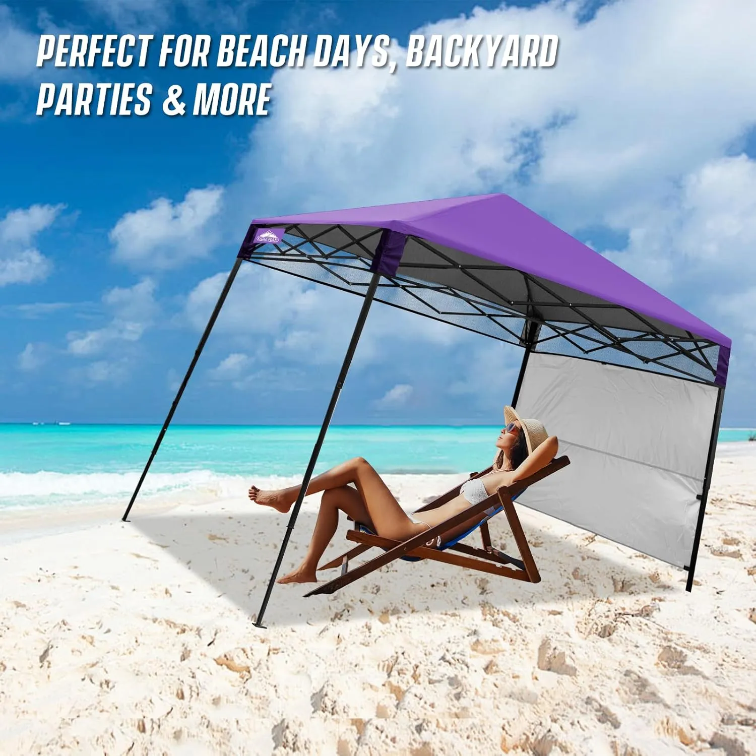 EAGLE PEAK 8x8 Pop Up Canopy Tent with Sidewall, Compact, Portable Slant Leg Instant Sun Shelter for Beach, Sports, & Camping, 8x8 Base 6x6 Top, Purple