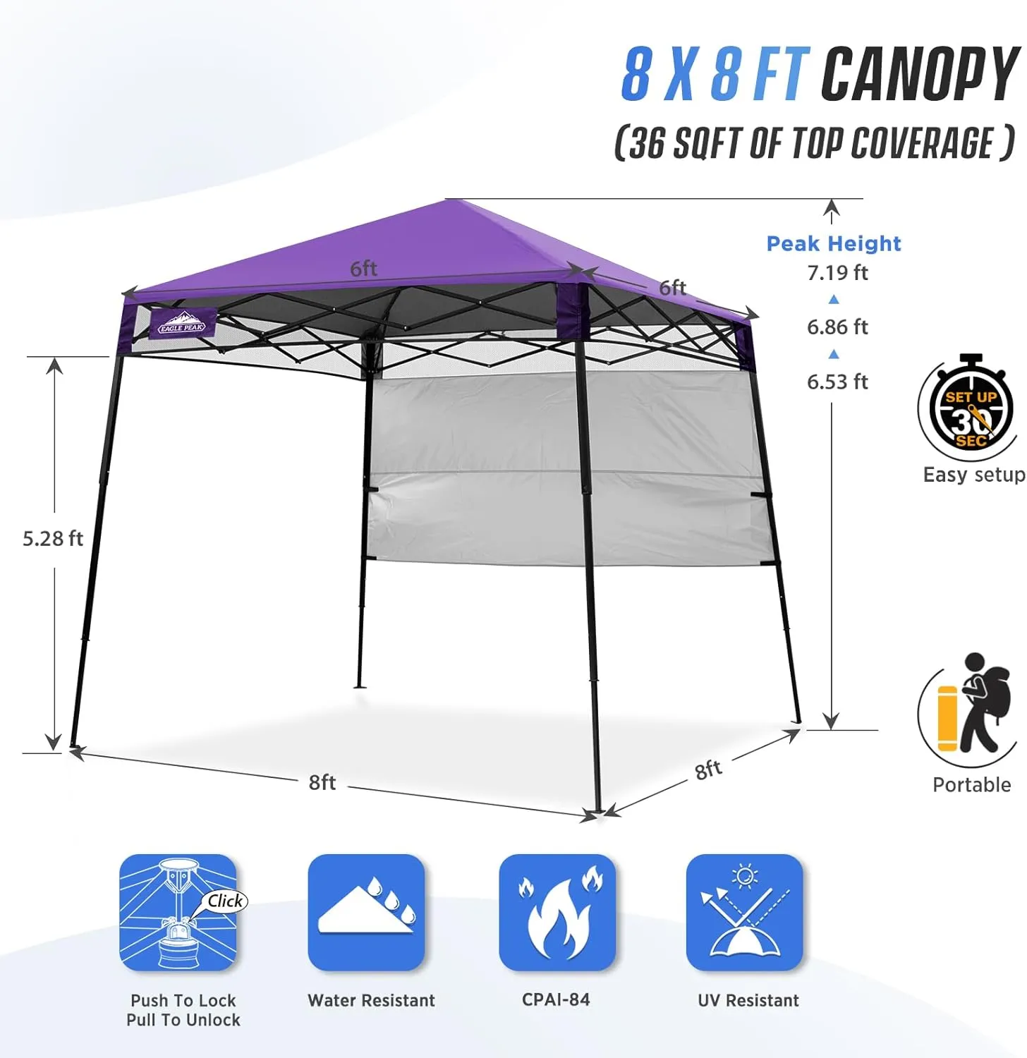 EAGLE PEAK 8x8 Pop Up Canopy Tent with Sidewall, Compact, Portable Slant Leg Instant Sun Shelter for Beach, Sports, & Camping, 8x8 Base 6x6 Top, Purple