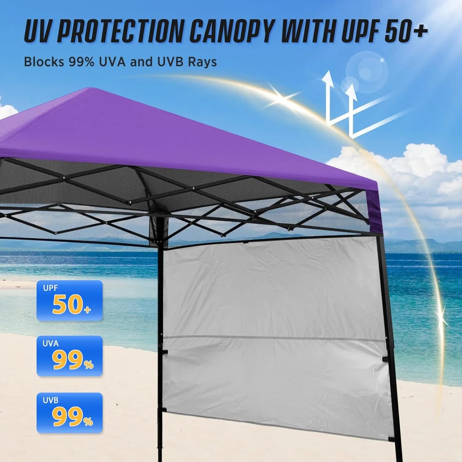 EAGLE PEAK 8x8 Pop Up Canopy Tent with Sidewall, Compact, Portable Slant Leg Instant Sun Shelter for Beach, Sports, & Camping, 8x8 Base 6x6 Top, Purple