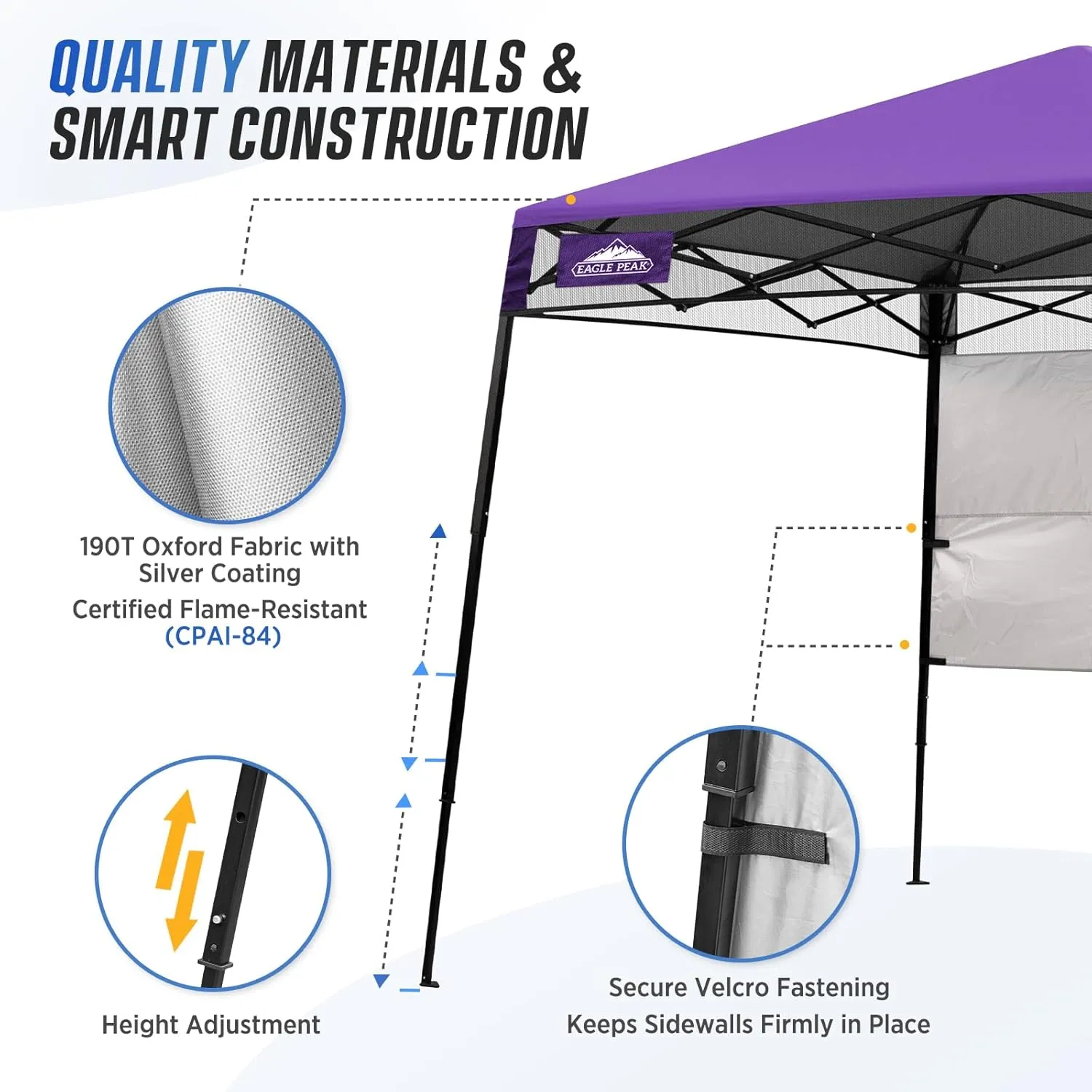 EAGLE PEAK 8x8 Pop Up Canopy Tent with Sidewall, Compact, Portable Slant Leg Instant Sun Shelter for Beach, Sports, & Camping, 8x8 Base 6x6 Top, Purple