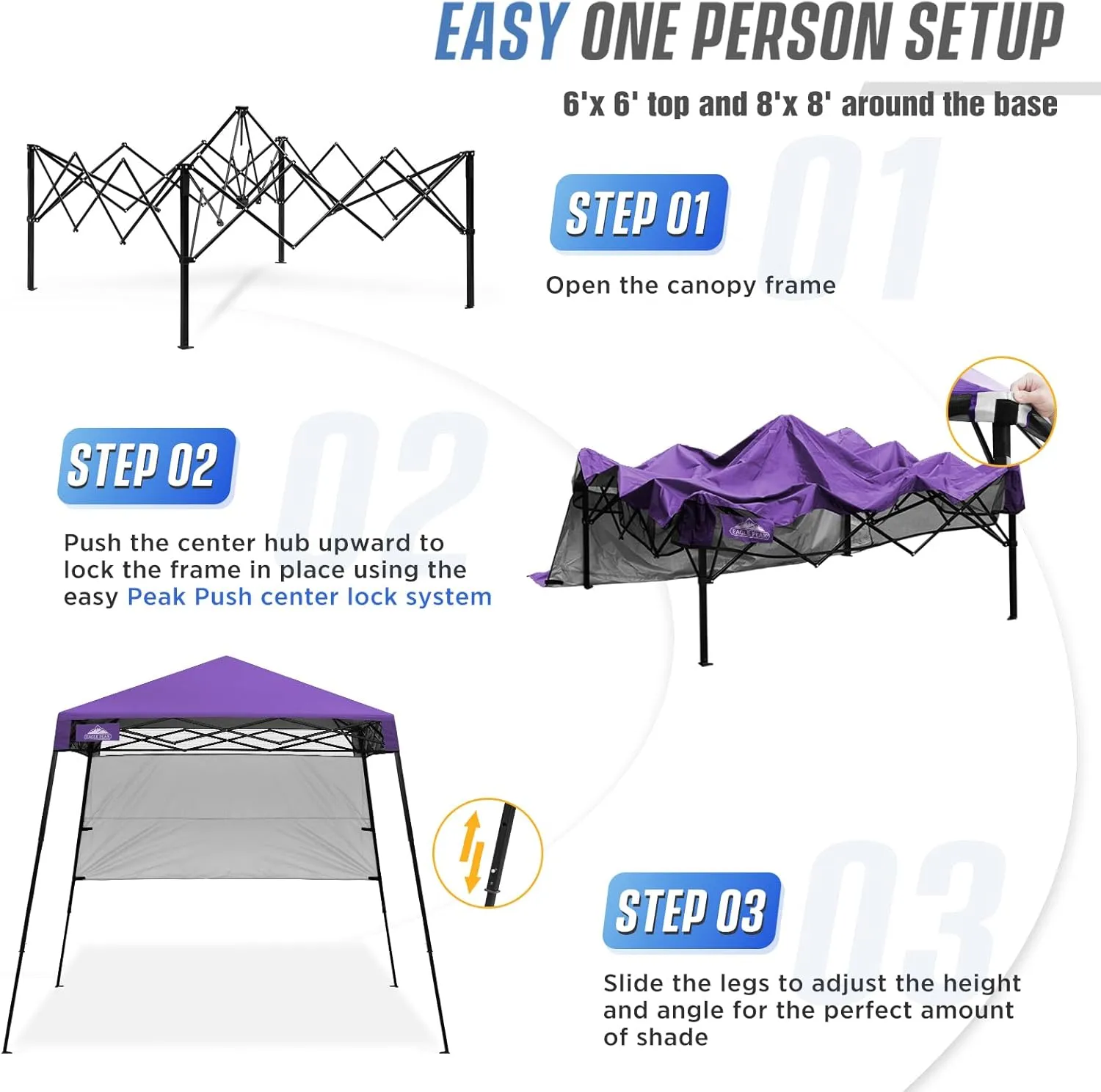 EAGLE PEAK 8x8 Pop Up Canopy Tent with Sidewall, Compact, Portable Slant Leg Instant Sun Shelter for Beach, Sports, & Camping, 8x8 Base 6x6 Top, Purple