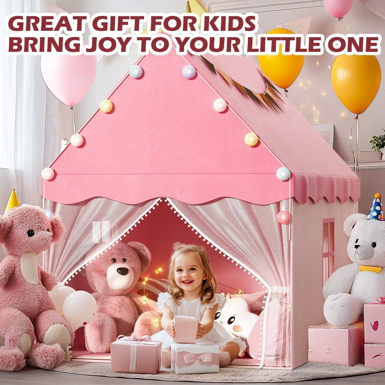 EagleStone Kids Play Tent with Star Light, Padded Mat,Toddler Tent Indoor,Playhouse for Toddlers, Boys, Girls, Neutral Color, Indoor Bed Tent Gift Toy (Pink)