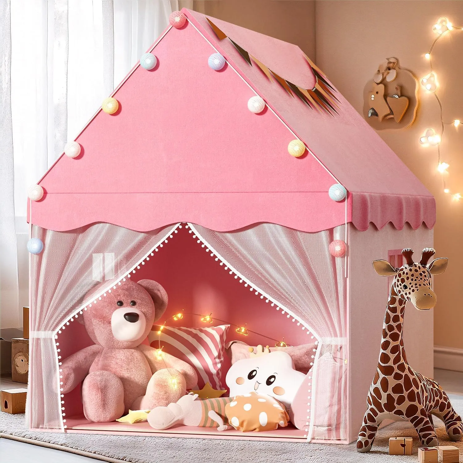 EagleStone Kids Play Tent with Star Light, Padded Mat,Toddler Tent Indoor,Playhouse for Toddlers, Boys, Girls, Neutral Color, Indoor Bed Tent Gift Toy (Pink)