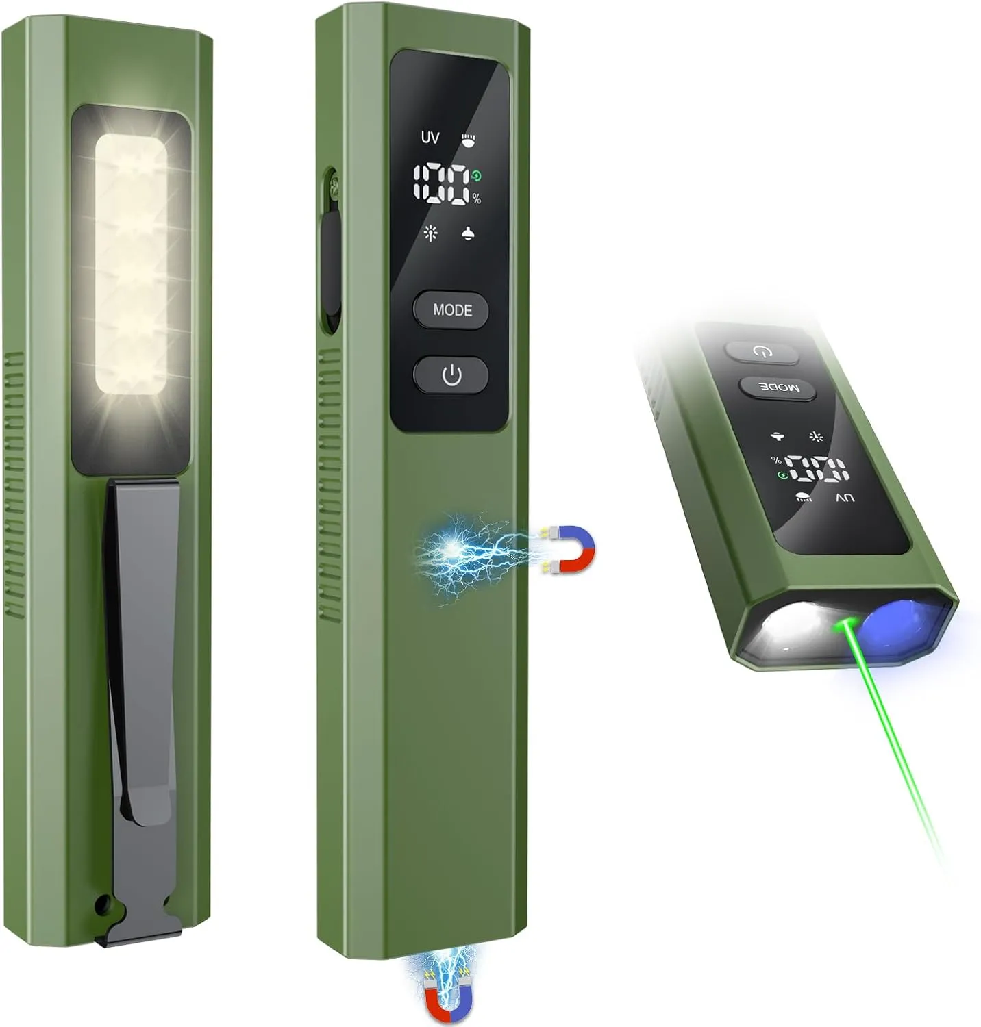 EDC Flashlight 4 in 1 Pocket Magnetic Flashlight High Lumens Work Light with Green Beam & UV Light & Warning Light Combo EDC Rechargeable LT-010 (Green)