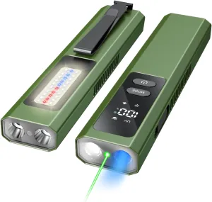 EDC Flat Flashlight High Lumens, Rechargeable Pocket Light with White/Warm LED, UV, Gream Beam, Flash Combo, 4 Bright Modes, Double Magnetic Base, for Outdoors, Emergency, Work, Detection (Green)