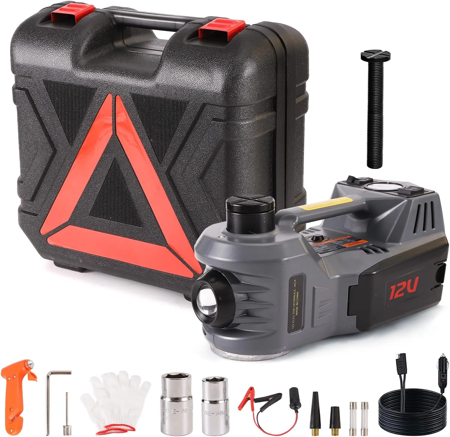 EFFIROSO Electric Car Jack Kit 5 Ton 12V Hydraulic Floor Jack with Impact Wrench Tire Inflator Pump for Vehicle Emergency Repair Kit,Lifting 6.1 to 17.7 inches (Jack Only, Gray)