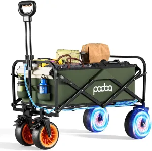 Electric Assistance Collapsible Folding Garden Wagon, 300LBS Grocery Cart with Big All-Terrain Wheels, Portable for Camping Outdoor Beach Fishing Picnic Sports Shopping (Green)
