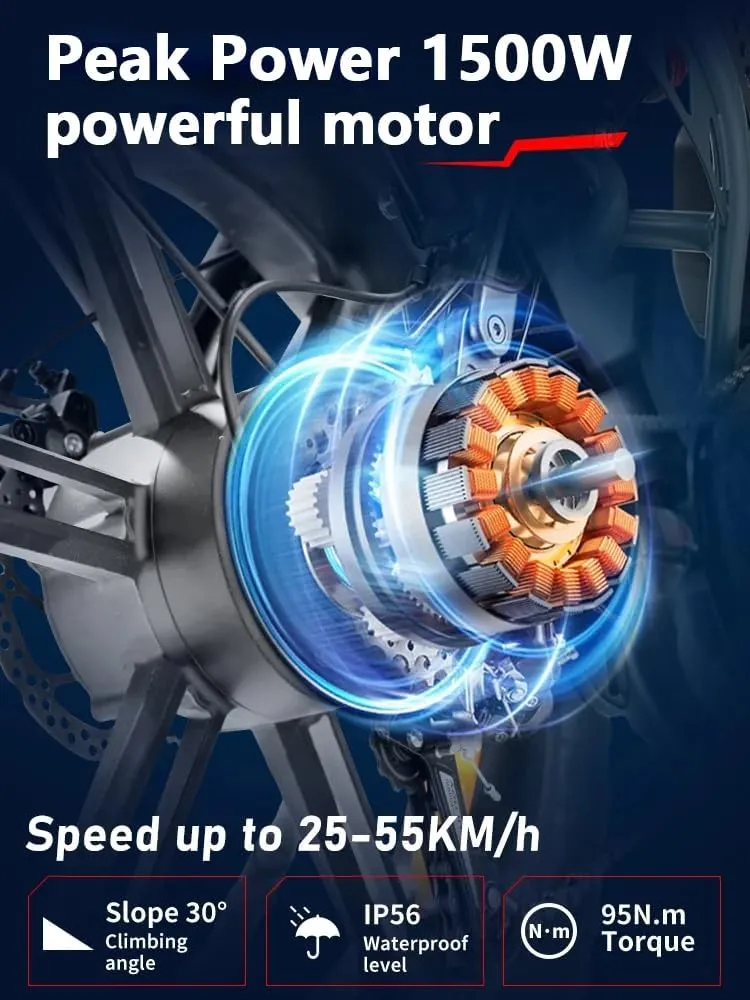 Electric Bicycle for Adults, 1000W Motor 32MPH Single/Double Battery 48V13AH/60AH, 20"x4.0" Fat Tires Moped-Style Ebike, 120KM Range, Electric Dirt Bike, Electric Motorcycle, Ebike