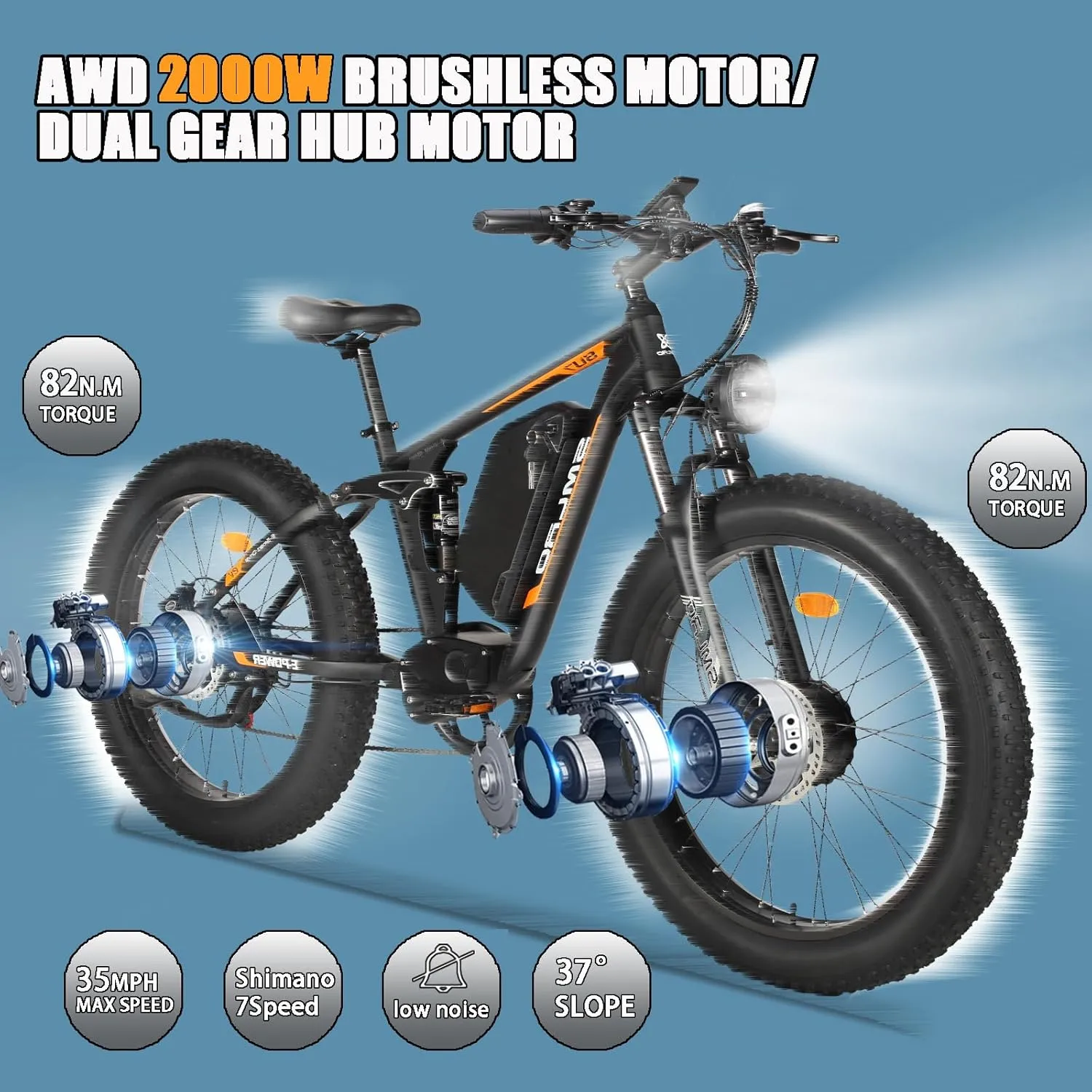 Electric Bike for Adults, Dual Motor AWD 2000W 35MPH Electric Bicycles, Removable Lithium Battery 48V/22.4AH, 21-Speed with Ignition Lock Hydraulic Disc Brake