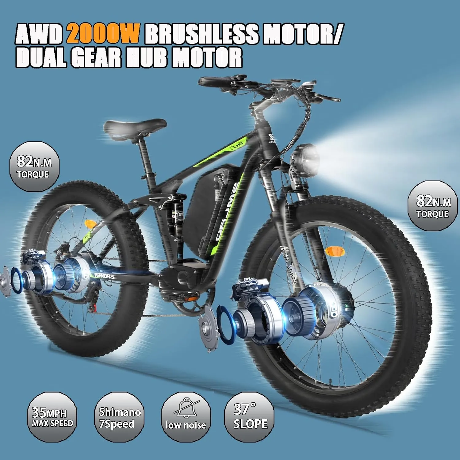Electric Bike for Adults, Dual Motor AWD 2000W 35MPH Electric Bicycles, Removable Lithium Battery 48V/22.4AH, 21-Speed with Ignition Lock Hydraulic Disc Brake