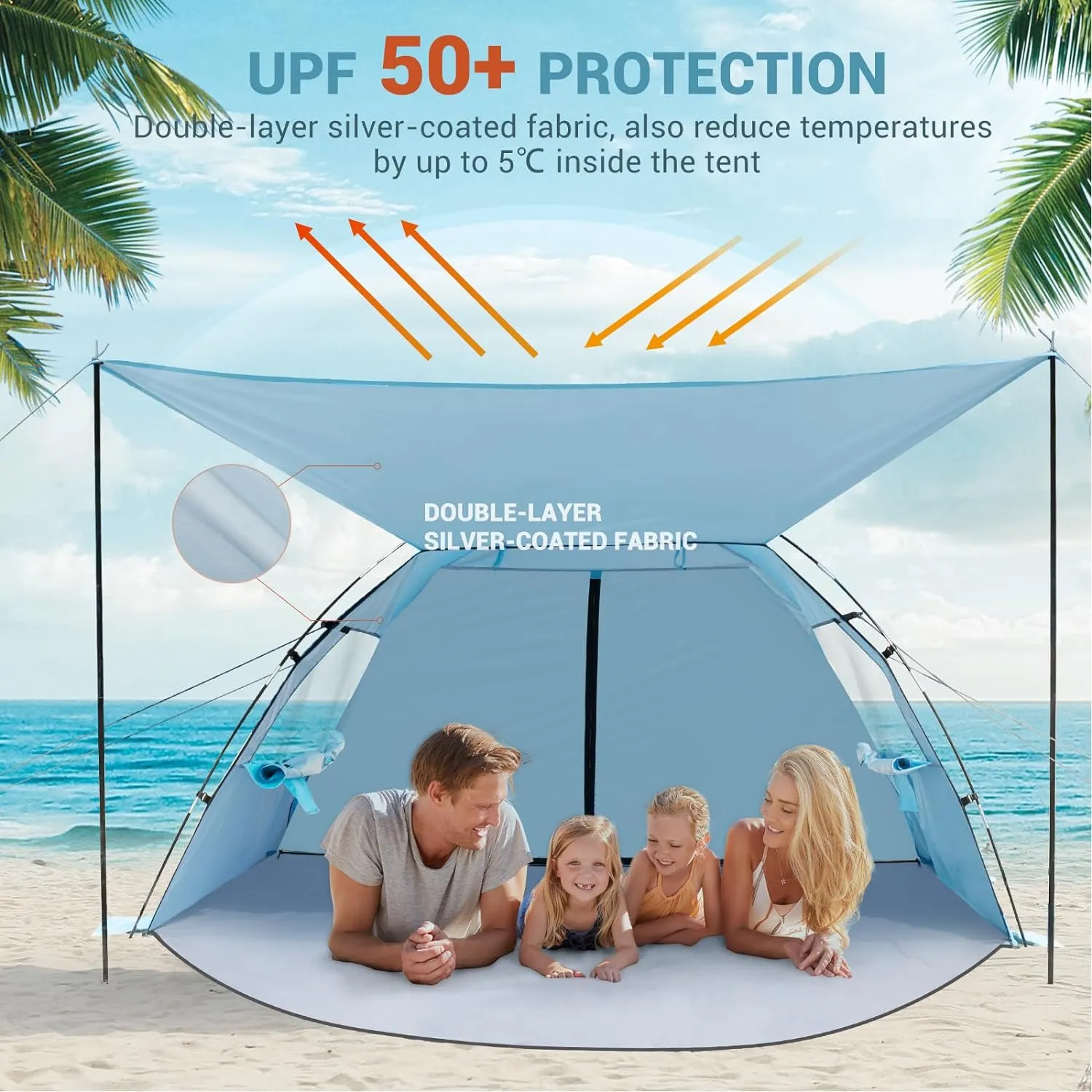Elegear Beach Tent Sun Shelter with Canopy, 4-5 Person Pop Up Beach Tent, Easy Setup UPF 50  UV Protection Portable Lightweight Double Silver Coating Beach Cabana Sun Shade Shelter - Sky Blue