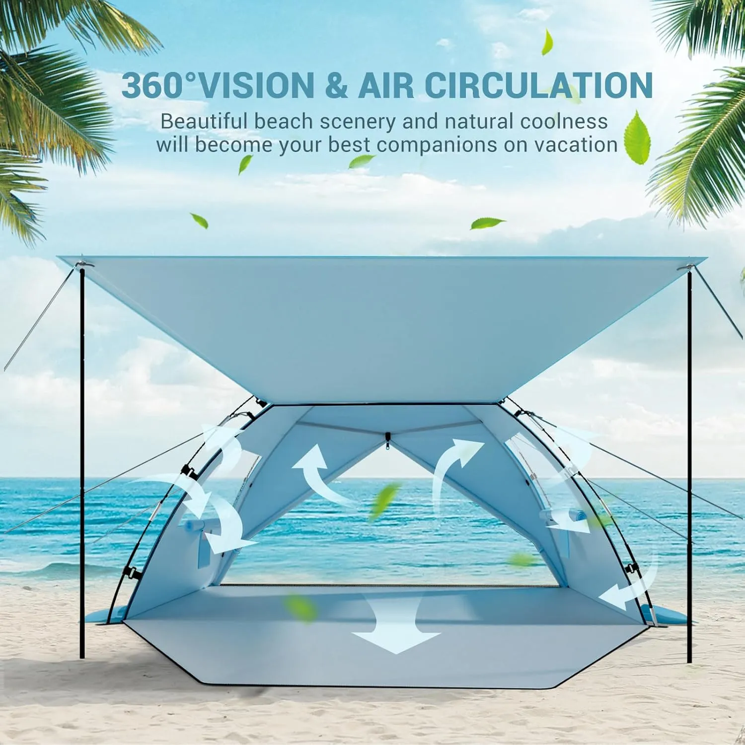 Elegear Beach Tent Sun Shelter with Canopy, 4-5 Person Pop Up Beach Tent, Easy Setup UPF 50  UV Protection Portable Lightweight Double Silver Coating Beach Cabana Sun Shade Shelter - Sky Blue