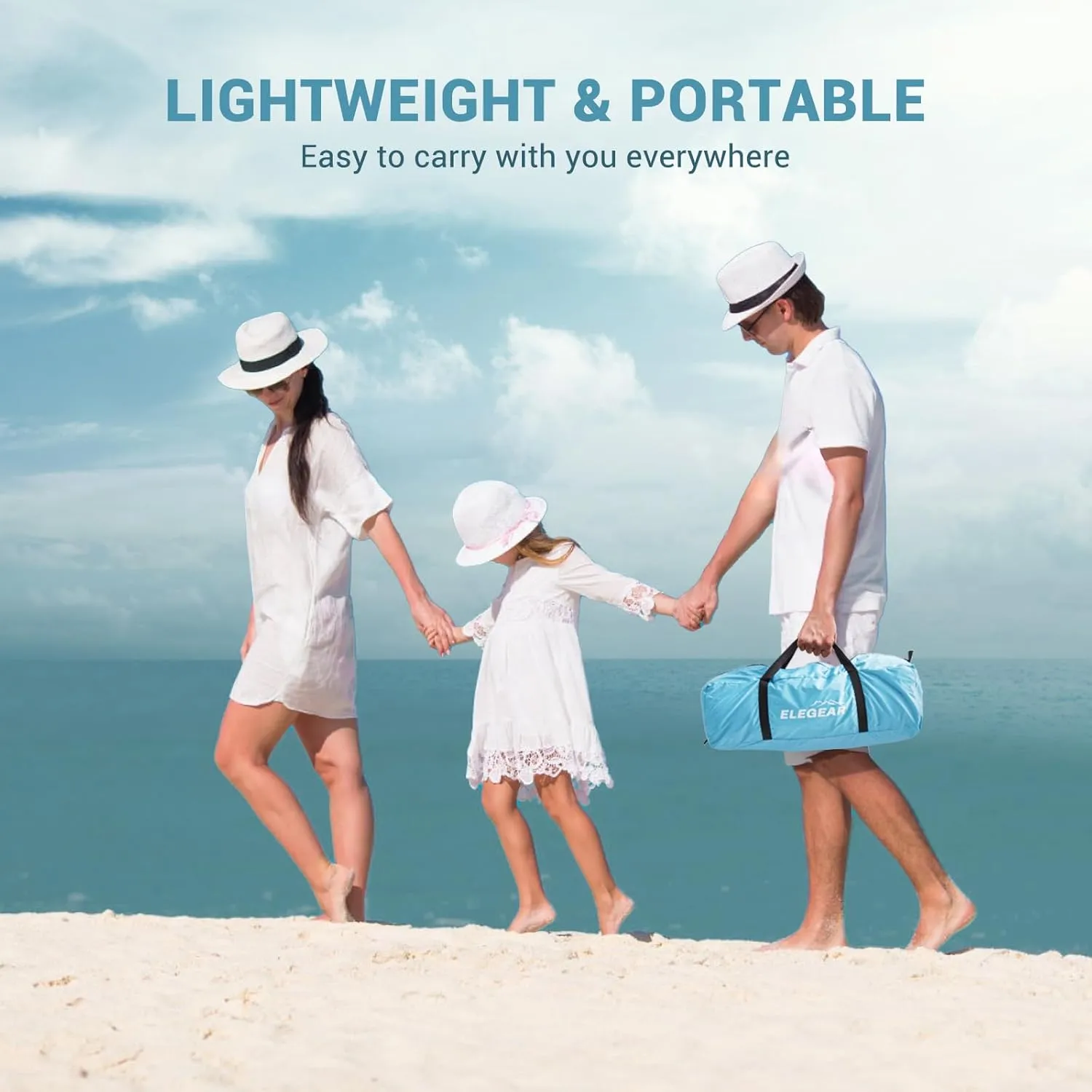 Elegear Beach Tent Sun Shelter with Canopy, 4-5 Person Pop Up Beach Tent, Easy Setup UPF 50  UV Protection Portable Lightweight Double Silver Coating Beach Cabana Sun Shade Shelter - Sky Blue