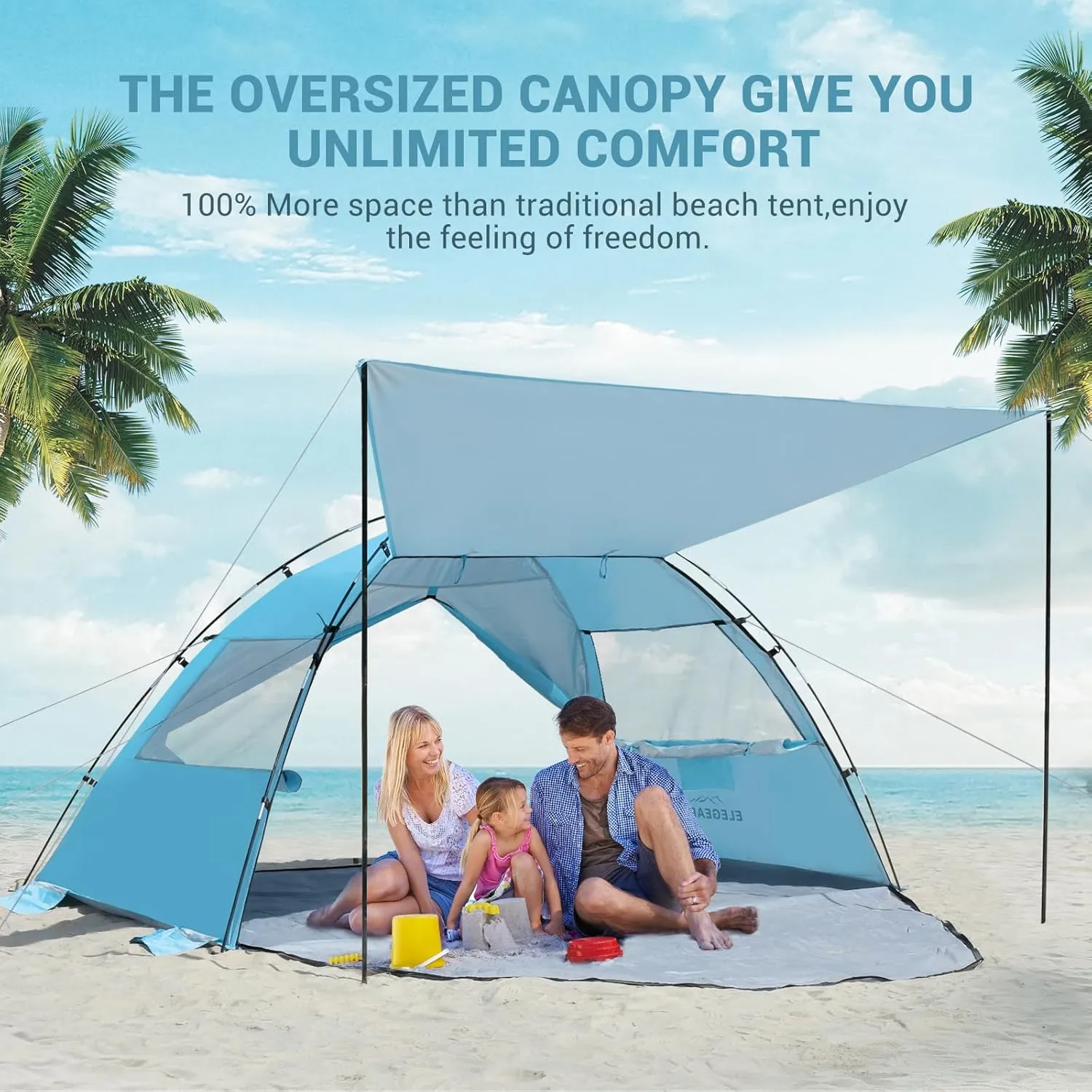 Elegear Beach Tent Sun Shelter with Canopy, 4-5 Person Pop Up Beach Tent, Easy Setup UPF 50  UV Protection Portable Lightweight Double Silver Coating Beach Cabana Sun Shade Shelter - Sky Blue
