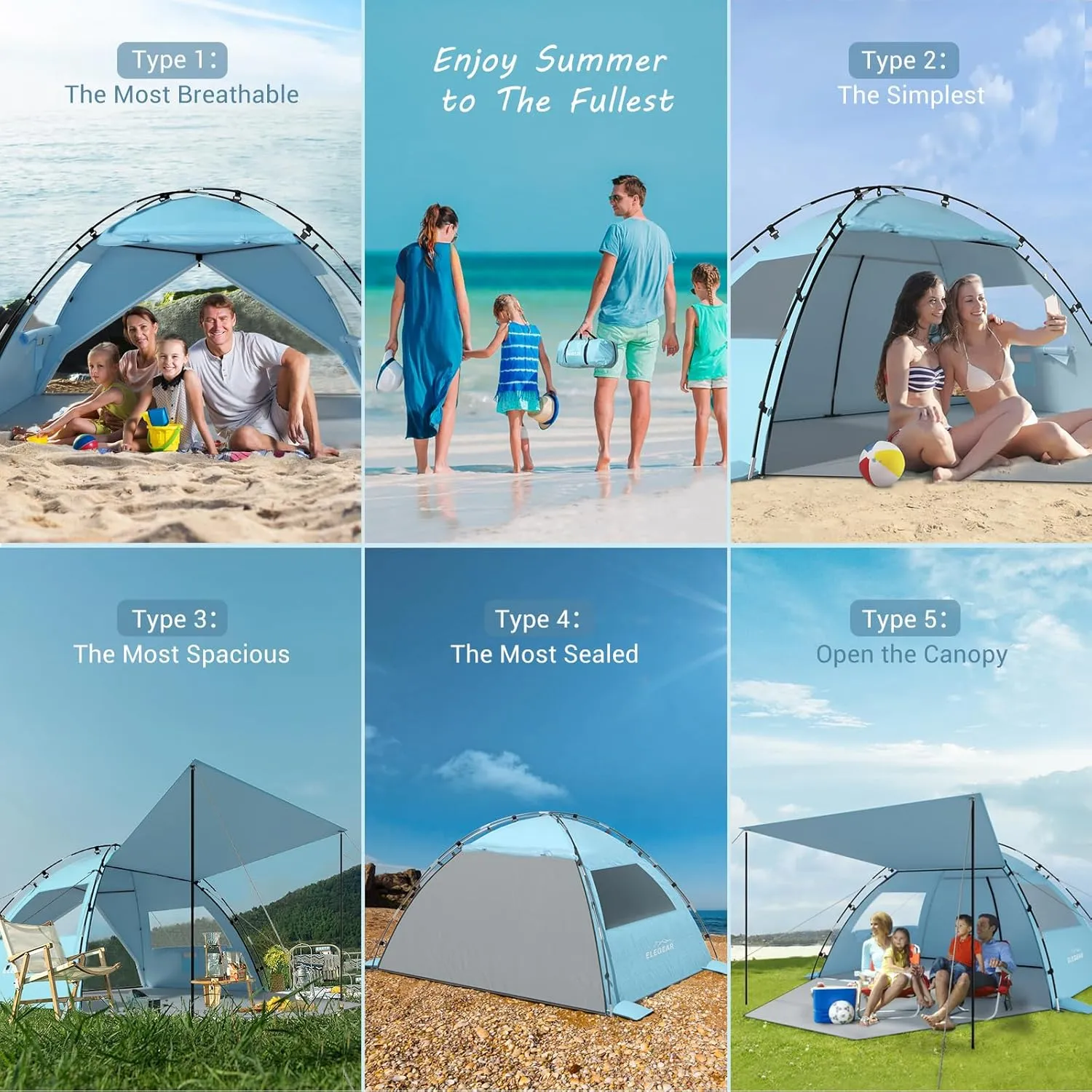 Elegear Beach Tent Sun Shelter with Canopy, 4-5 Person Pop Up Beach Tent, Easy Setup UPF 50  UV Protection Portable Lightweight Double Silver Coating Beach Cabana Sun Shade Shelter - Sky Blue